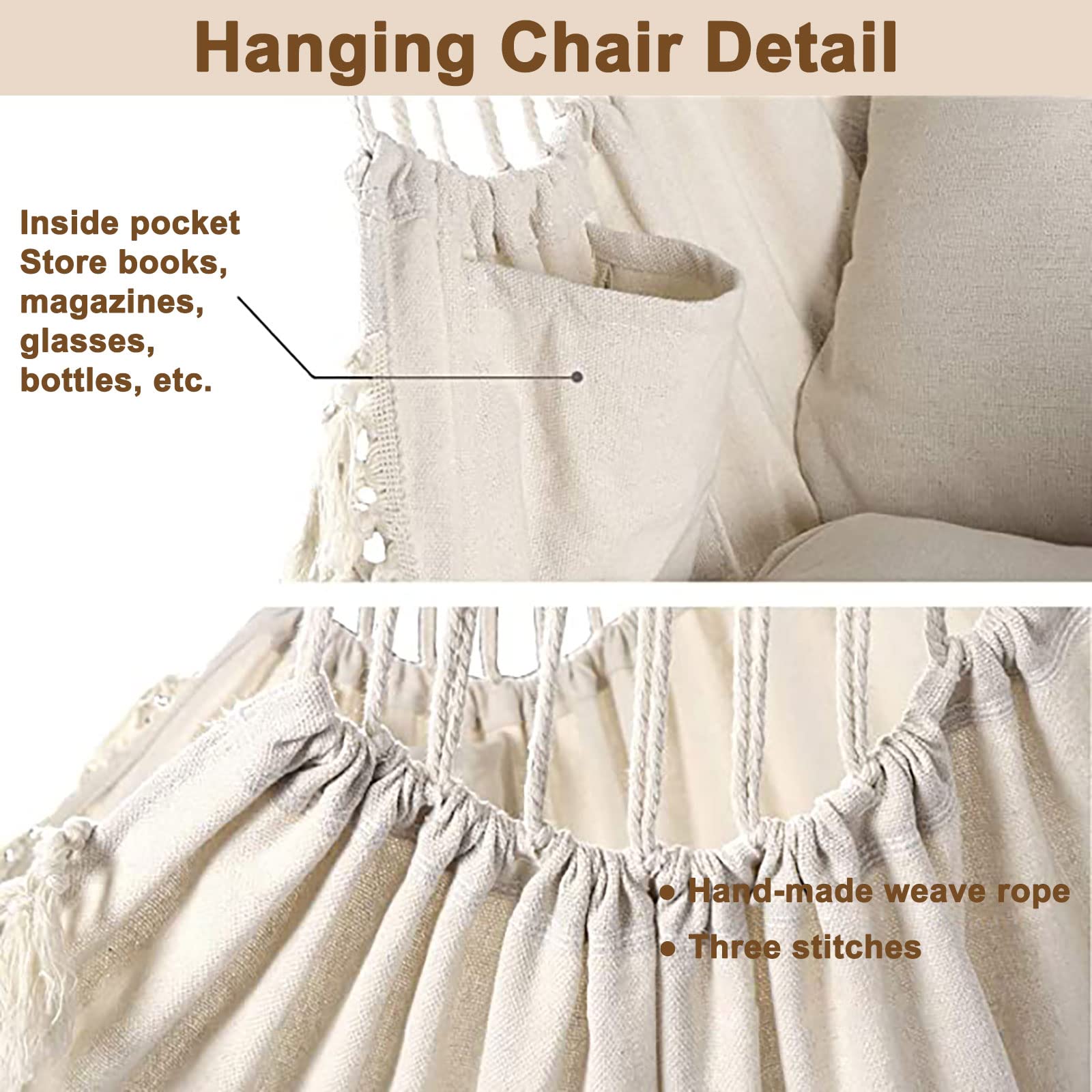 Comfortable Hammock Chair Swing with 2 Cushions & Storage Bag - Indoor/Outdoor Hanging Rope Chair for Patio, Garden, Balcony or Bedroom (Coffee Brown) - Perfect for Relaxing, Reading & Lounging