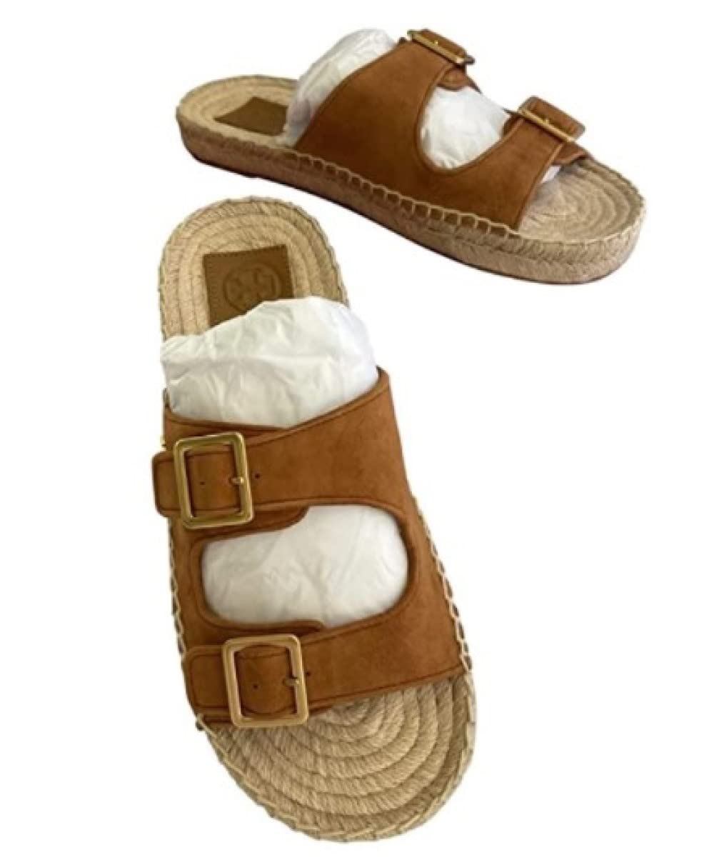 Tory Burch Women's Leather Espadrille Slide Sandals - Ambra Brown with Gold Hardware, Two-Band Flat Sandals for Women | Perfect for Summer, Beach, and Casual Outings