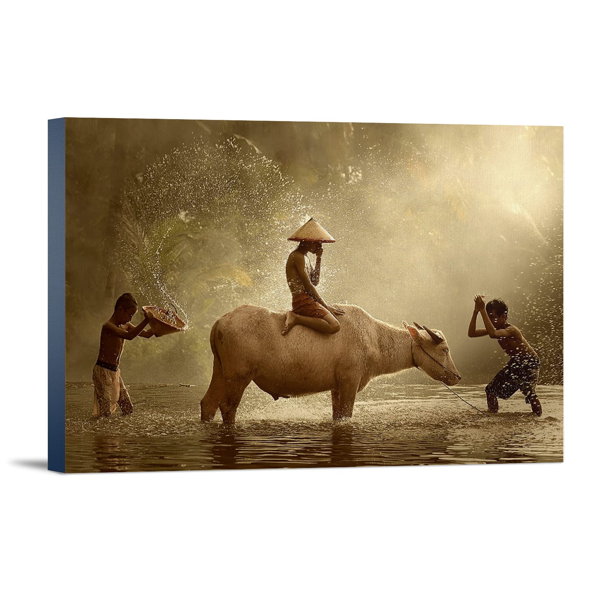 Lantern Press Kids Washing Water Buffalo Wall Art - 16x24 Wrapped Canvas Painting for Nursery, Kids Room & Home Decor - Perfect for Children's Bedroom, Playroom & Classroom Decorations
