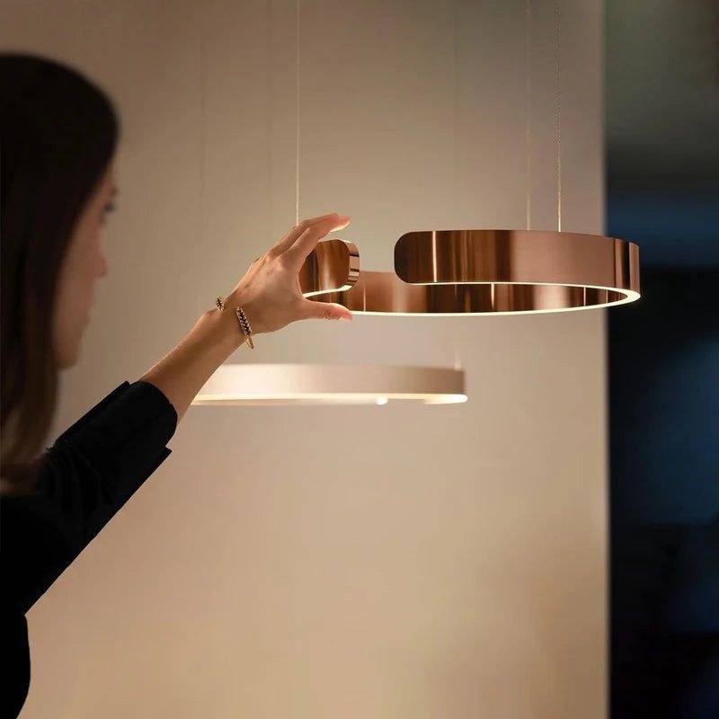 Elegant Minimalist Ring Chandelier Light Fixture - Aluminum Plated Modern Pendant Lighting for Dining Room, Bedroom & Living Room Decor