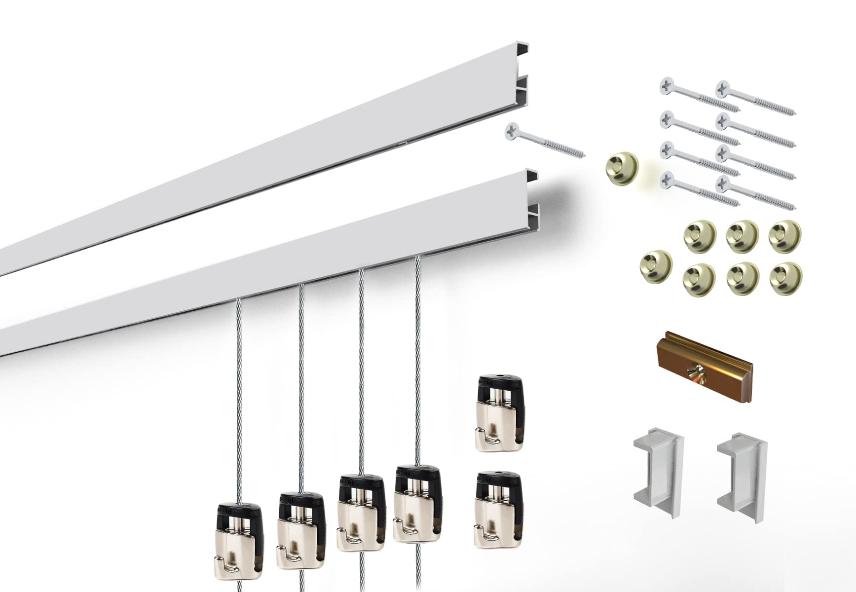 Cliprail Art Hanging System - 10 Rails, 30 Hooks, 20 Cables - Matte Silver for Gallery Display