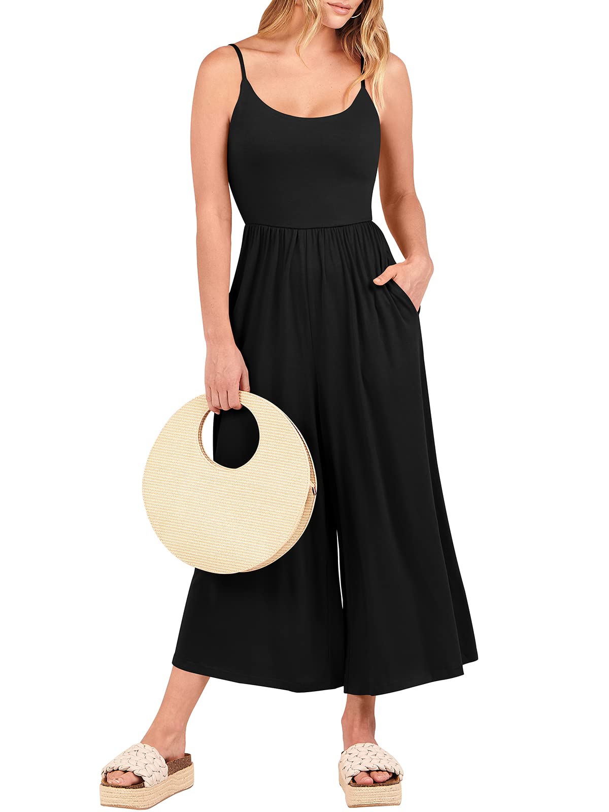 ANRABESS Women's Summer Casual Sleeveless Spaghetti Strap Wide Leg Jumpsuit Romper with Pockets - Lightweight Tank Top One Piece Outfit for Beach, Vacation & Everyday Wear