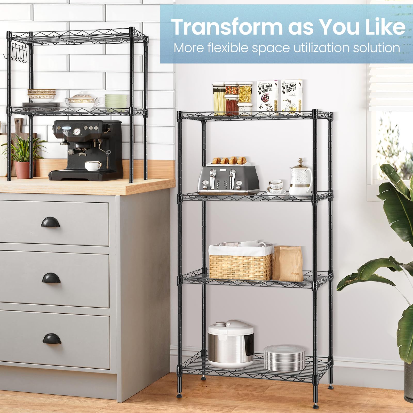Himimi 6-Tier Adjustable Wire Storage Shelf - Free Standing Metal Shelving Unit with Leveling Feet & Stainless Hooks - Black (2-Pack) - Perfect for Laundry Room, Bathroom, Kitchen Pantry & Closet Organization