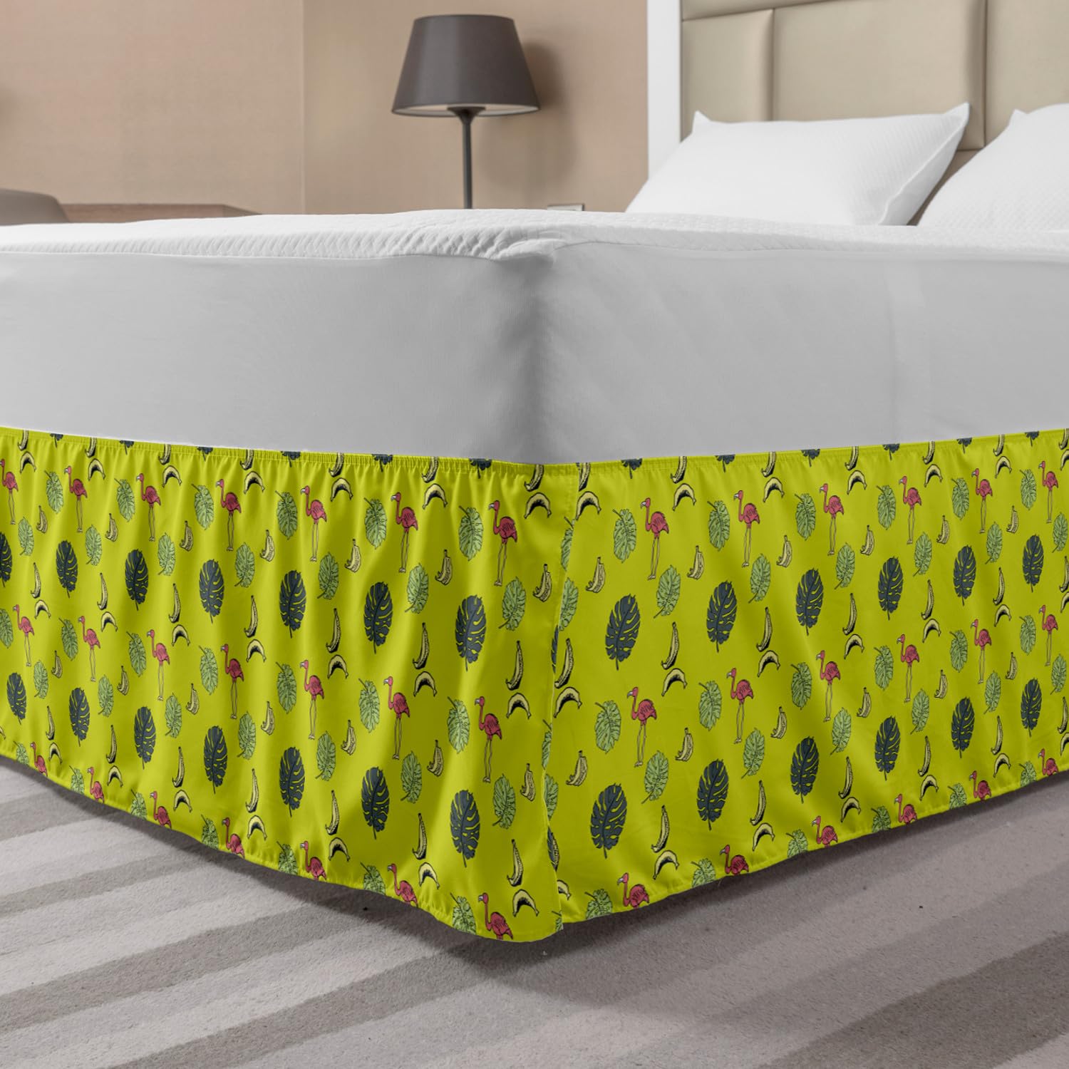 Ambesonne Tropical Elastic Bed Skirt - Hawaiian Monstera Banana Leaf & Flamingo Print Wrap Around Dust Ruffle for King Size Beds, Apple Green Multicolor - Perfect for Beach & Boho Bedroom Decor, Guest Room Styling