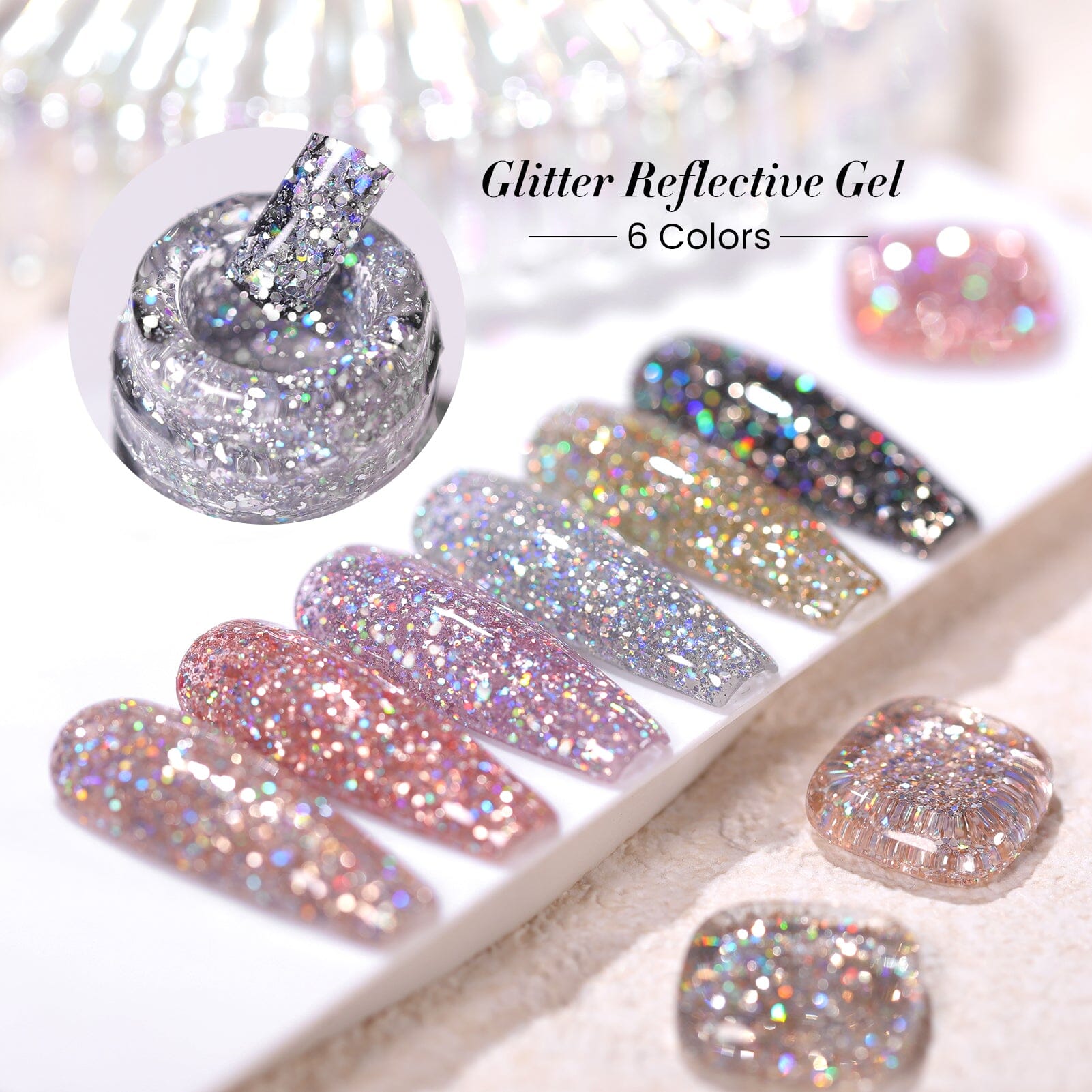 6 Colors BORN PRETTY Gold Black Glitter Reflective Gel Nail Polish Set - 7ml Long Lasting UV LED Soak Off Polish for Nail Art, Salon & Home Manicure