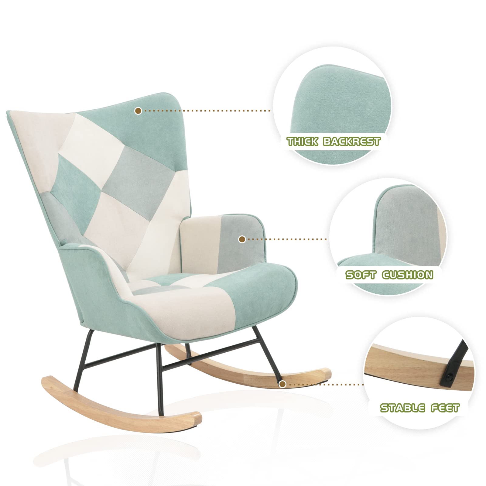 HomVent Upholstered Rocking Chair - Mid Century Modern Fabric Rocker with Tall Back & Wood Base | Comfortable Nursery Chair & Accent Armchair for Adults & Kids | Perfect for Living Room, Bedroom, Nursery & Relaxation Spaces
