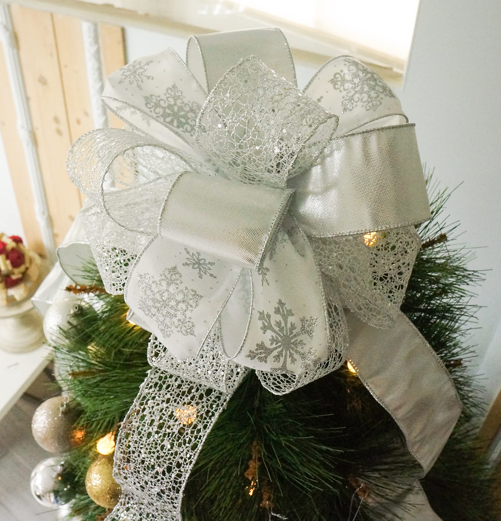 CT CRAFT LLC Silver Snowflake Christmas Tree Topper Bow - 11 Inch with 4 Ribbon Streamers (3 Yards Each) for Holiday Decorations, Elegant Home Décor - Perfect for Christmas Trees, Gift Wrapping & Festive Indoor Decor