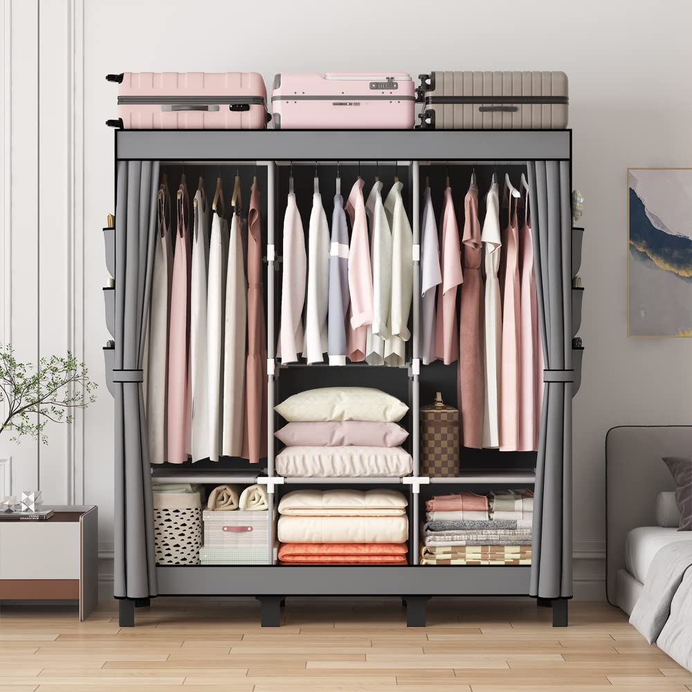 Portable Wardrobe Closet for Bedroom - Heavy Duty Black Clothes Hanging Organizer with 3 Rods, 6 Shelves & Side Pocket (51
