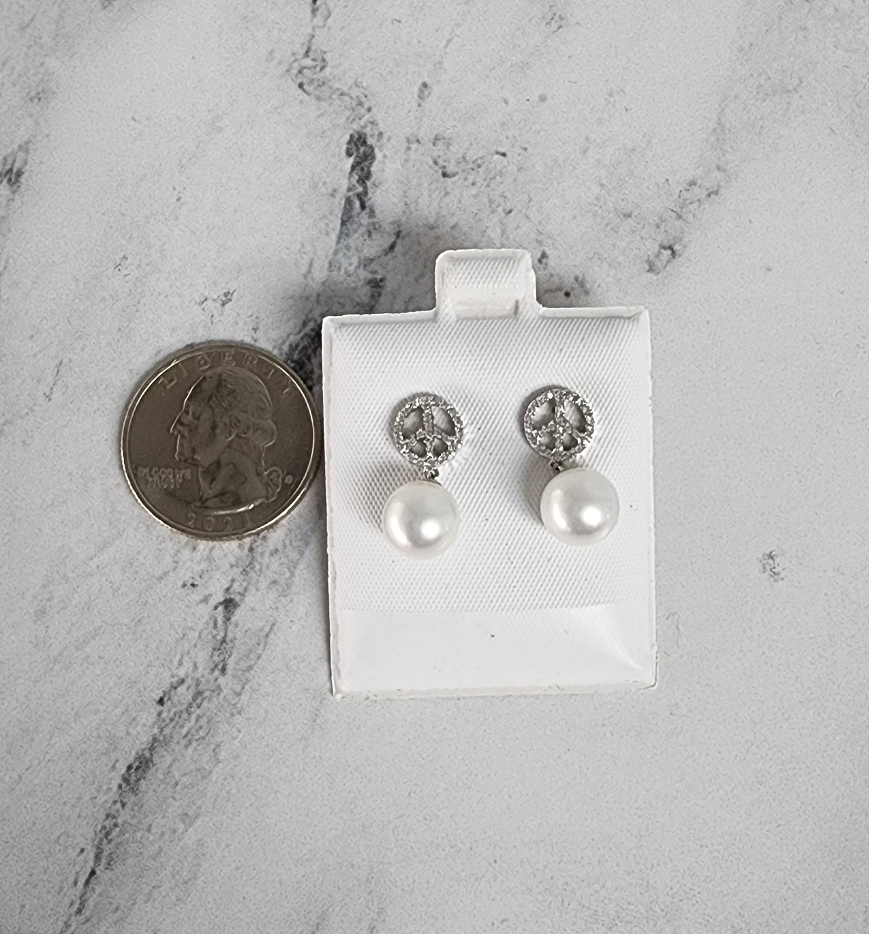 Peace Sign Dangling Pave Diamond & Freshwater Pearl Earrings for Women - Sterling Silver Boho Hippie Jewelry - Perfect for Parties, Weddings & Everyday Wear