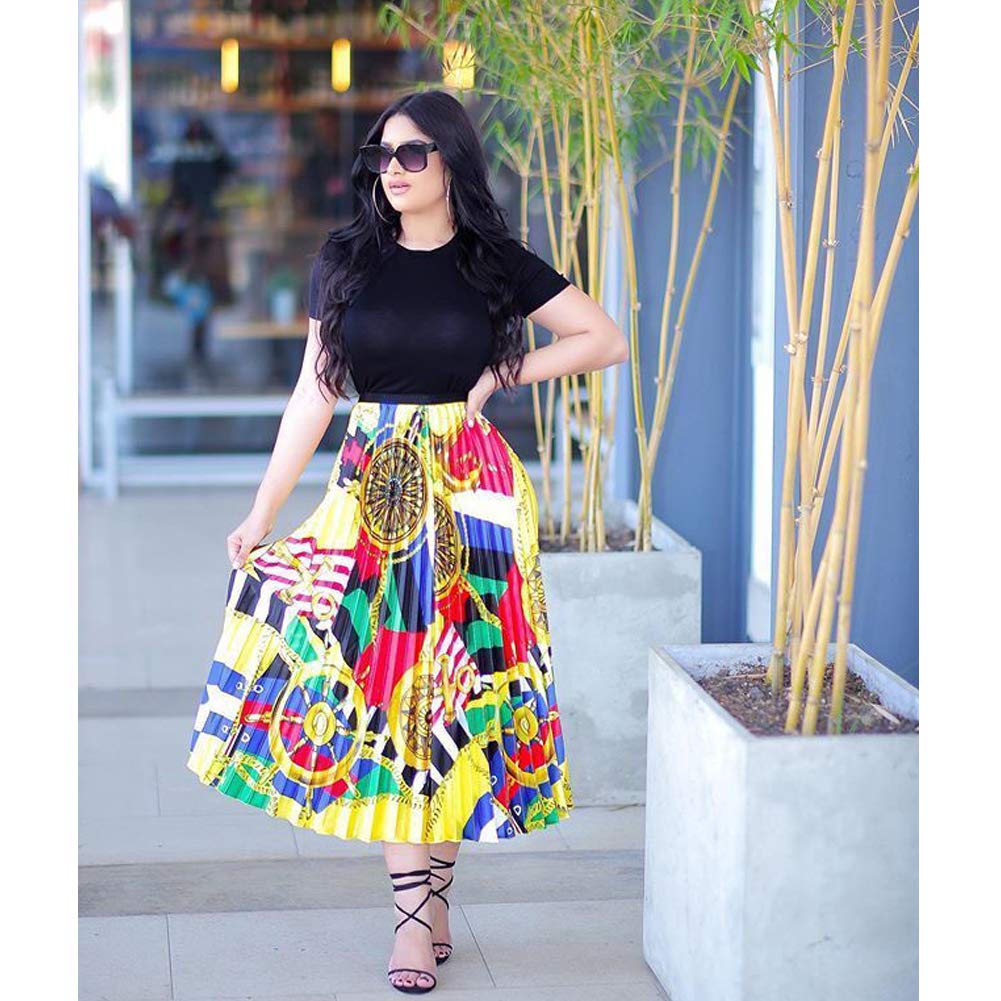 Vintage Floral Print High Waisted A-Line Pleated Swing Midi Skirt for Women - Party, Wedding & Casual Wear (Small, Yellow)