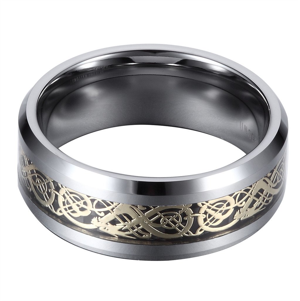 8MM Tungsten Celtic Dragon Inlay Ring - Polished Beveled Edge Wedding Band for Men & Women, Size 7-14 (Perfect for Couples, Thumb Rings, or Tail Rings) - Durable & Stylish Jewelry for Everyday Wear, Gifts & Special Occasions