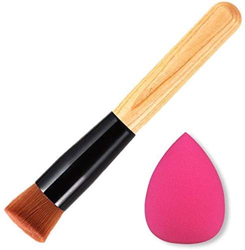 Premium Wooden Foundation Brush & Powder Sponge Puff Set - Soft Blending Brush for Flawless Makeup Application - Ideal for Liquid, Cream & Powder Cosmetics - Perfect for Everyday Makeup & Professional Use