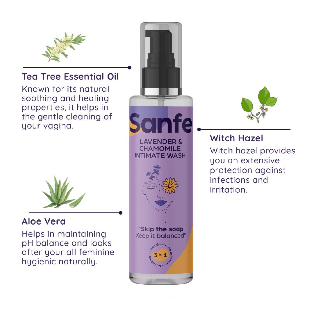 Sanfe Natural 3-in-1 Intimate Wash for Women - Lavender & Chamomile Scented Feminine Hygiene Wash (100ml) | pH Balanced, Dermatologist Tested, Chemical Free | Prevents Odor, Itching & Irritation | Perfect for Daily Intimate Care & Post-Workout Freshness