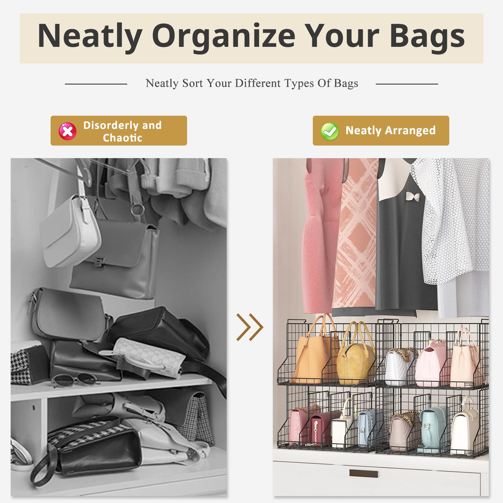 Sonyabecca Adjustable 2-Pack Stackable Wire Handbag Organizer for Closet - Purse Storage Dividers & Baskets for Handbags, Chain Bags, Clutch Bags - Black | Perfect for Open Closet Organization & Bedroom Storage