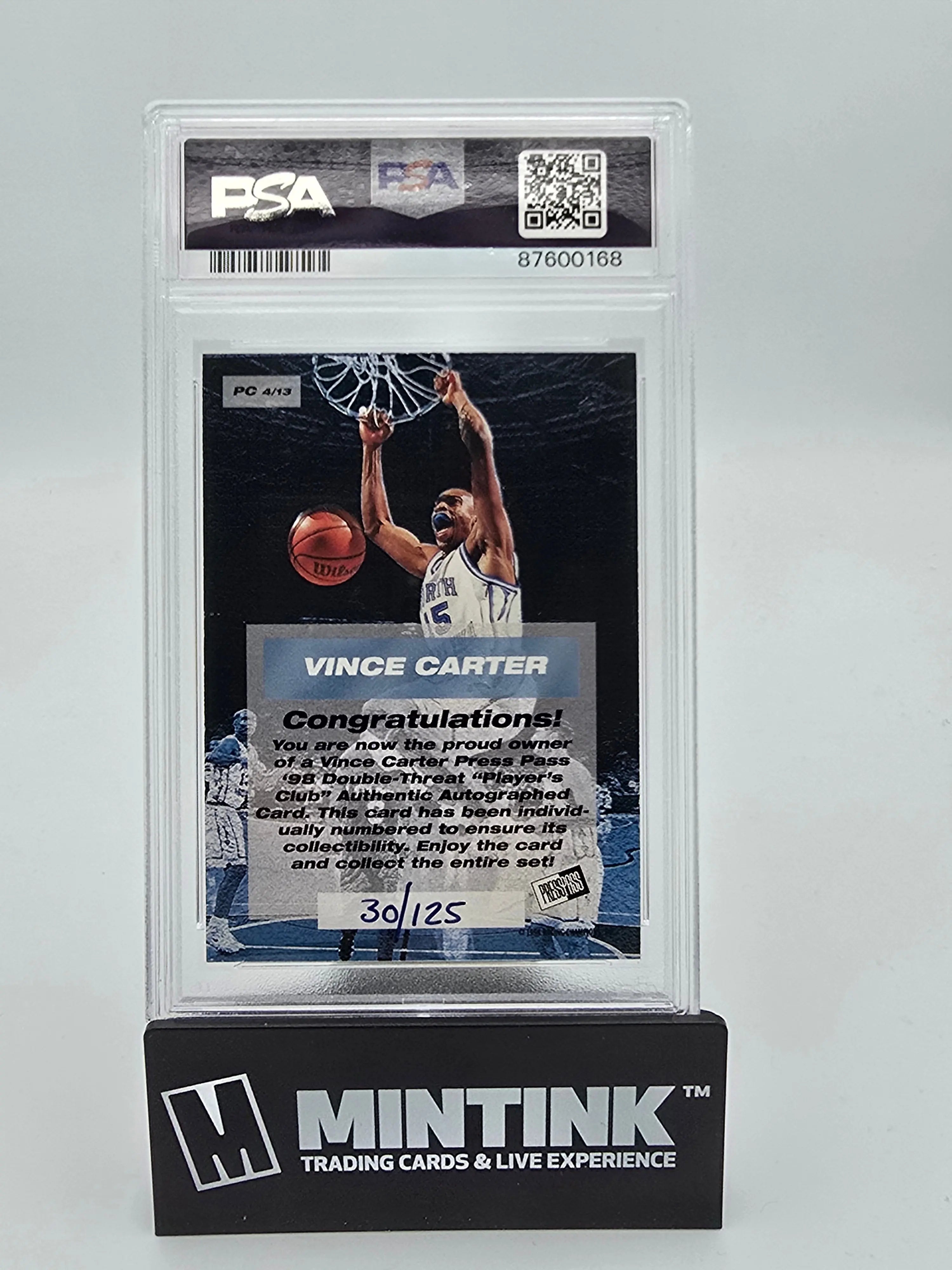 1998 Press Pass Double Threat Vince Carter PSA 9 Player's Club Auto PSA 9 /125 - Rare Basketball Trading Card for Collectors & Sports Memorabilia Enthusiasts - Perfect for Display, Investment & NBA Fan Gifts
