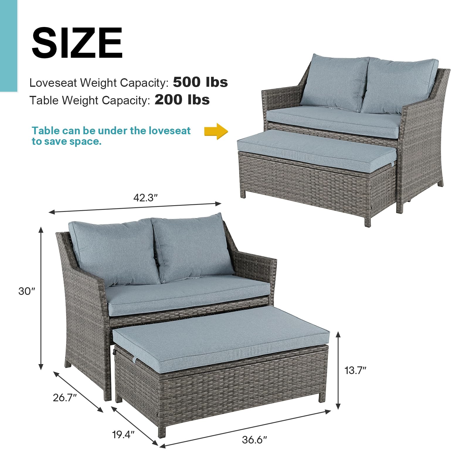OC Orange-Casual 2-Piece Outdoor Patio Furniture Set - Grey Rattan Wicker Loveseat with Coffee Table & Built-in Storage Bin, Includes Grey Cushions - Perfect for Garden, Balcony, and Poolside Relaxation
