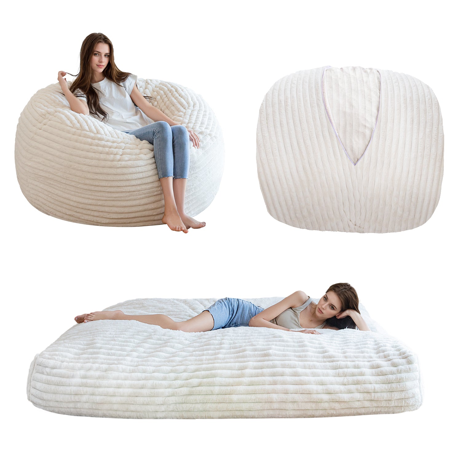 MAXYOYO Giant Bean Bag Chair Bed - Striped Faux Fur Convertible Sofa Bed for Adults & Kids, Beige - Perfect for Living Room, Bedroom, Dorm & Game Room Relaxation