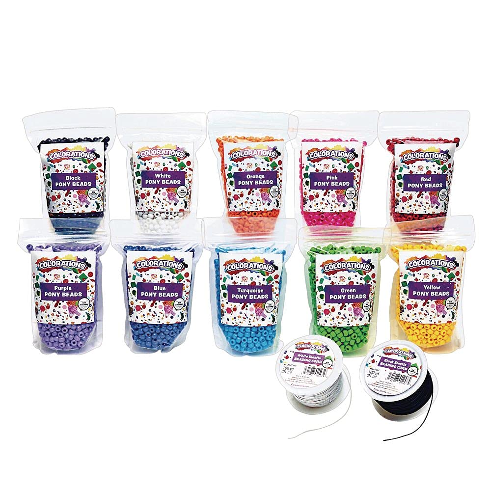 Colorations Mega Bead Kit - 5 lb Bulk Pony Beads (9000 Count, 1/4 Inch) with 10 Vibrant Colors & 200 Yards Elastic Cord for Kids Crafts, Friendship Bracelets, Jewelry Making - Perfect for DIY Projects, Party Favors, and Classroom Activities