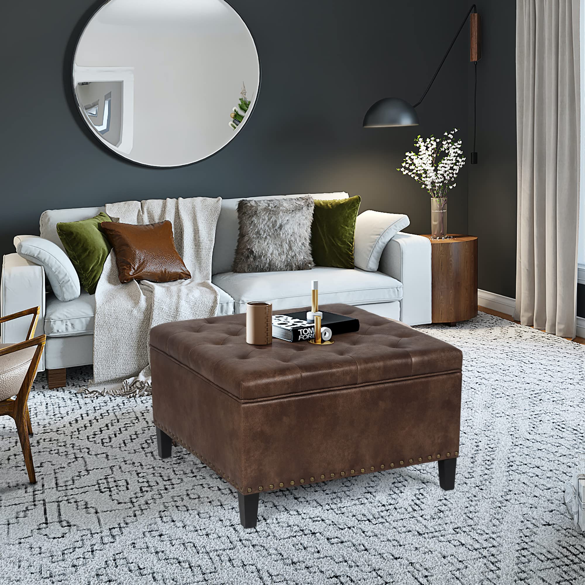 Adeco Large Square Storage Ottoman Bench - PU Leather Tufted Upholstered Coffee Table Footstool with Wood Legs for Living Room, Bedroom | Multi-Functional Seat & Storage Solution for Home Decor, Coffee Table Alternative, Footrest & Extra Seating