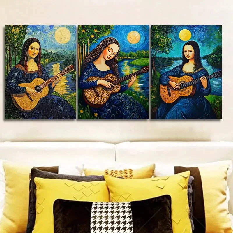 3-Piece Mona Lisa Playing Guitar Wall Art Set - Framed Canvas 40x60cm - High Quality Print - 100% Australian Made - Ready to Hang - Perfect for Living Room, Bedroom & Office Decor