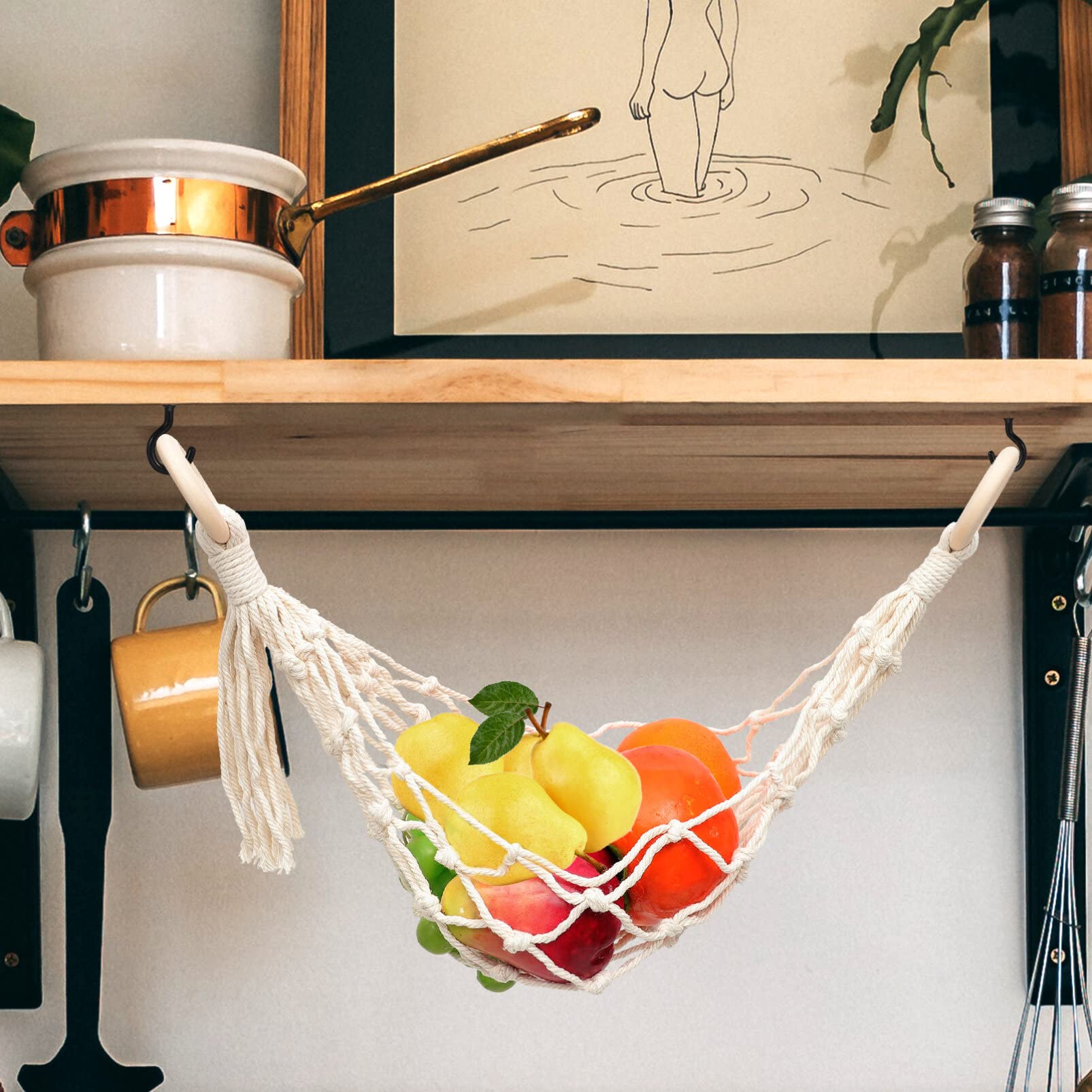 Kichvoe Woven Macrame Hanging Basket for Fruits & Vegetables - Bohemian Cotton Produce Storage Basket for Kitchen, Pantry, or Farmers Market - Perfect for Organizing Fresh Produce in Style