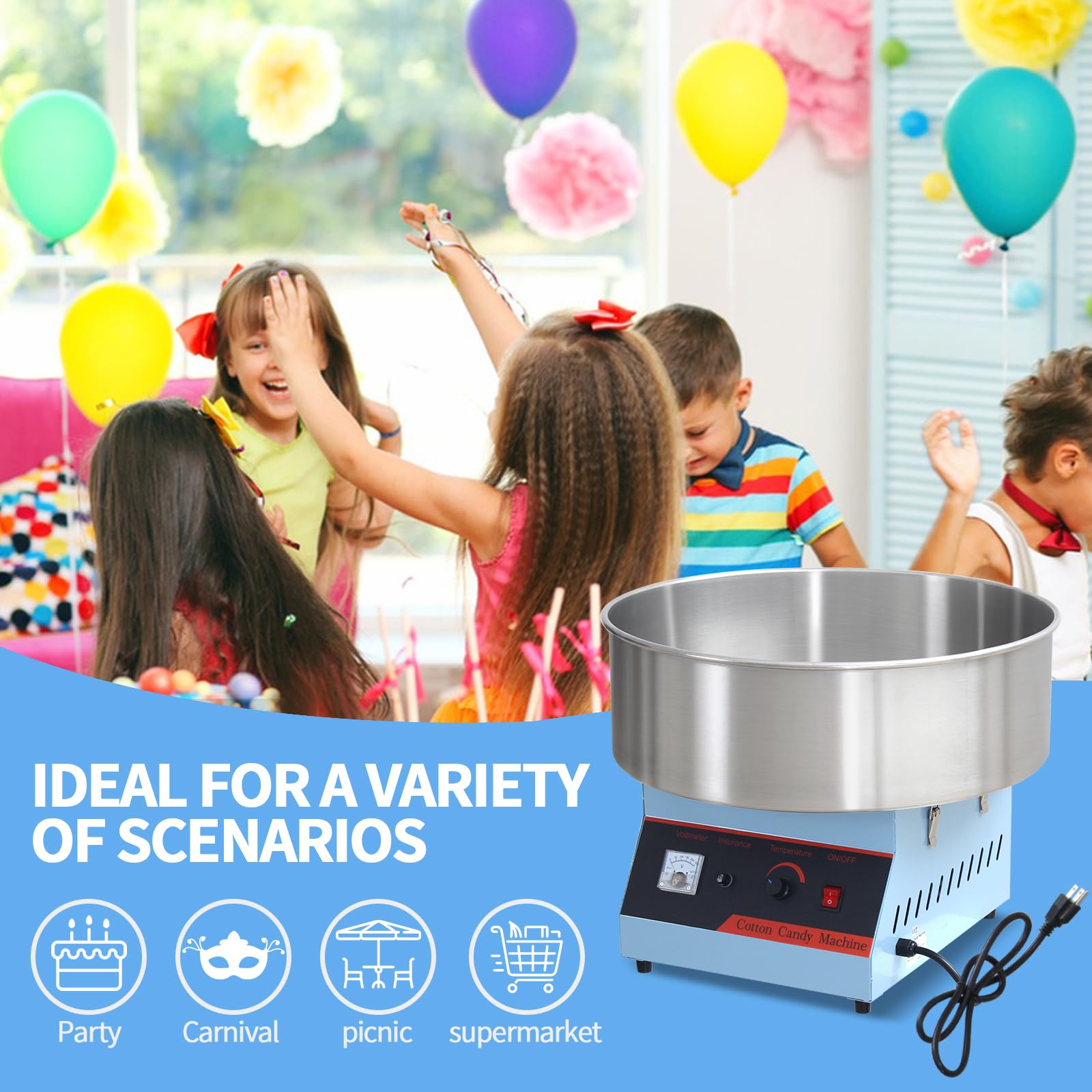 Commercial Cotton Candy Machine 1050W - Electric Floss Maker with Stainless Steel Bowl & Sugar Scoop - Perfect for Home, Parties, Carnivals and Events - Blue