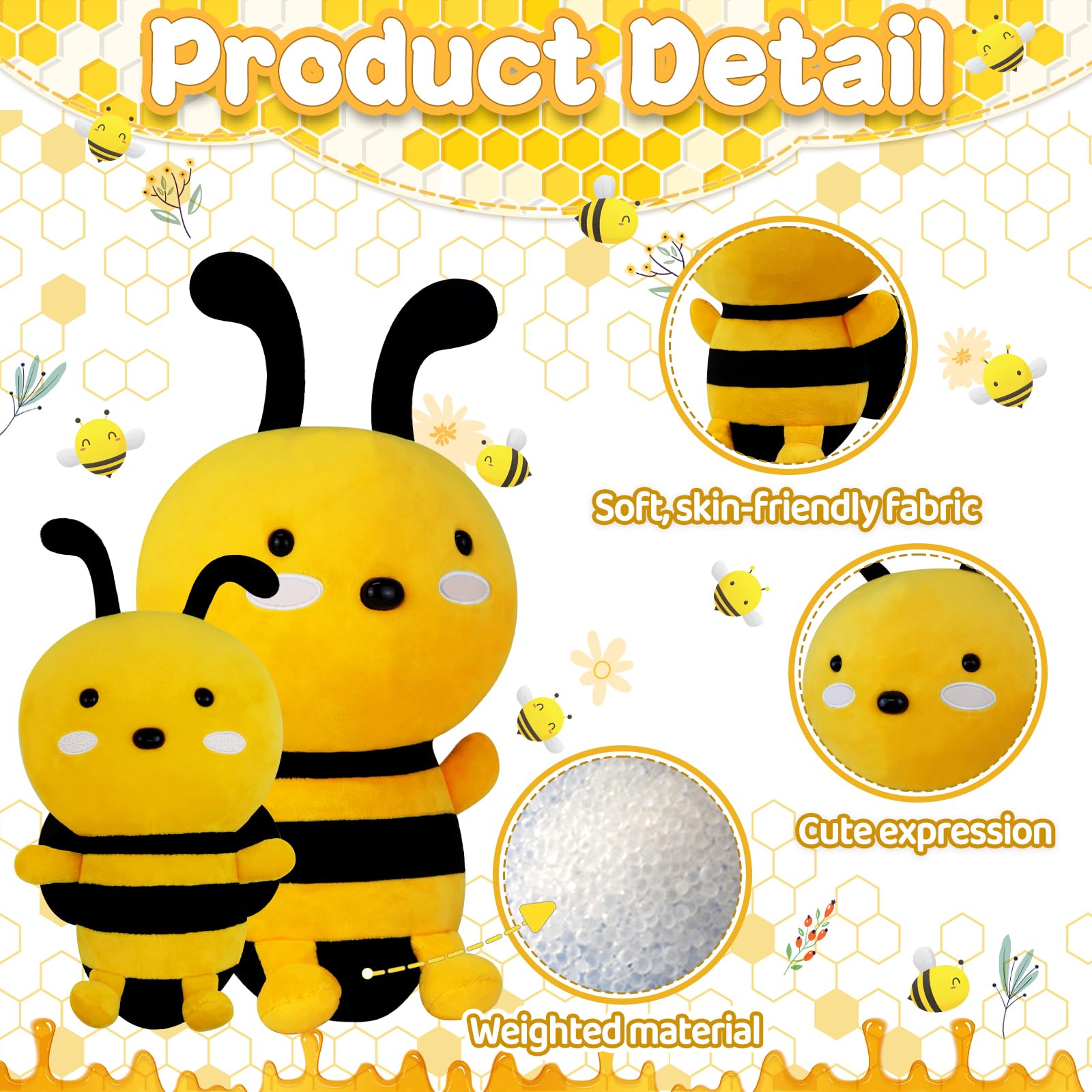 Cute Kawaii Honeybee Plush Toy - Soft Stuffed Animal Gift for Kids, Girlfriend & Valentine's Day | Birthday Present, Nursery Decor, Bedroom Cuddler
