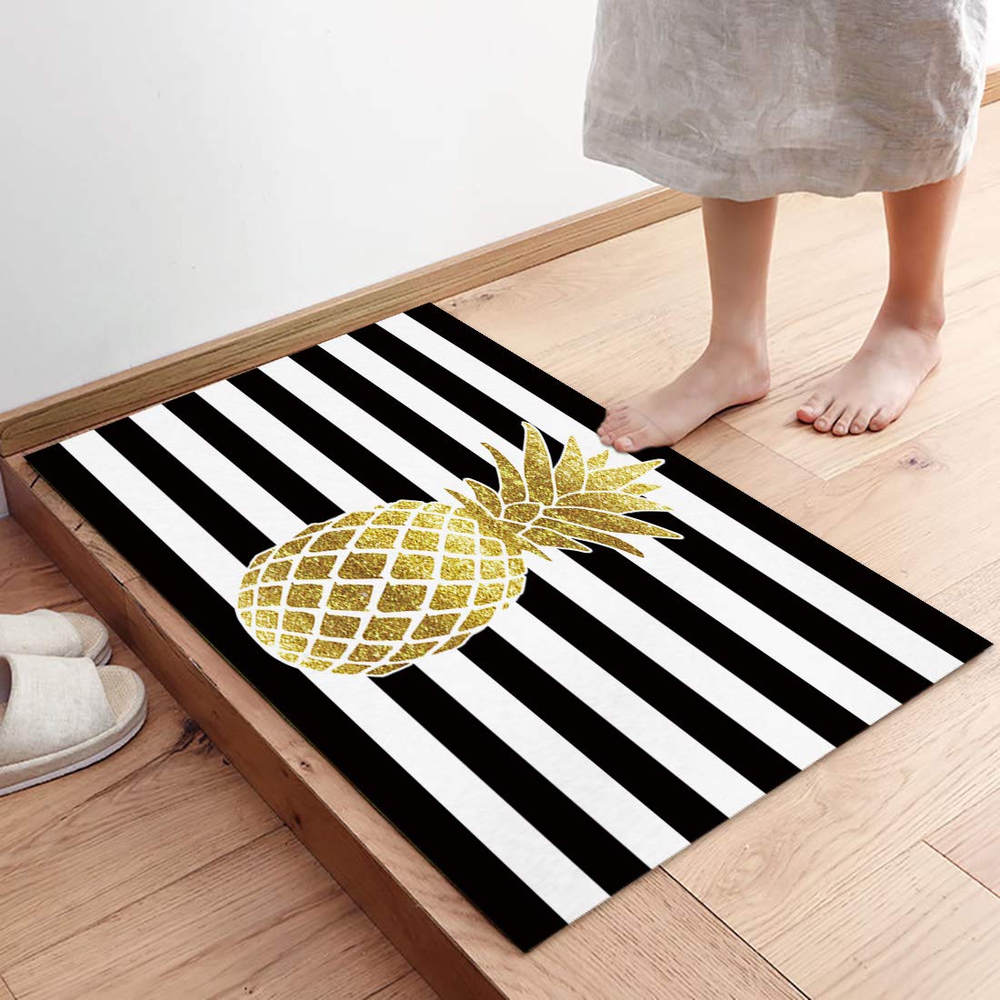Non-Slip Black Striped Floor Mats 18x30 Inch - Gold Pineapple Design Low Profile Indoor Welcome Mats for Bedroom, Bathroom & Living Room | Home Decor & Safety