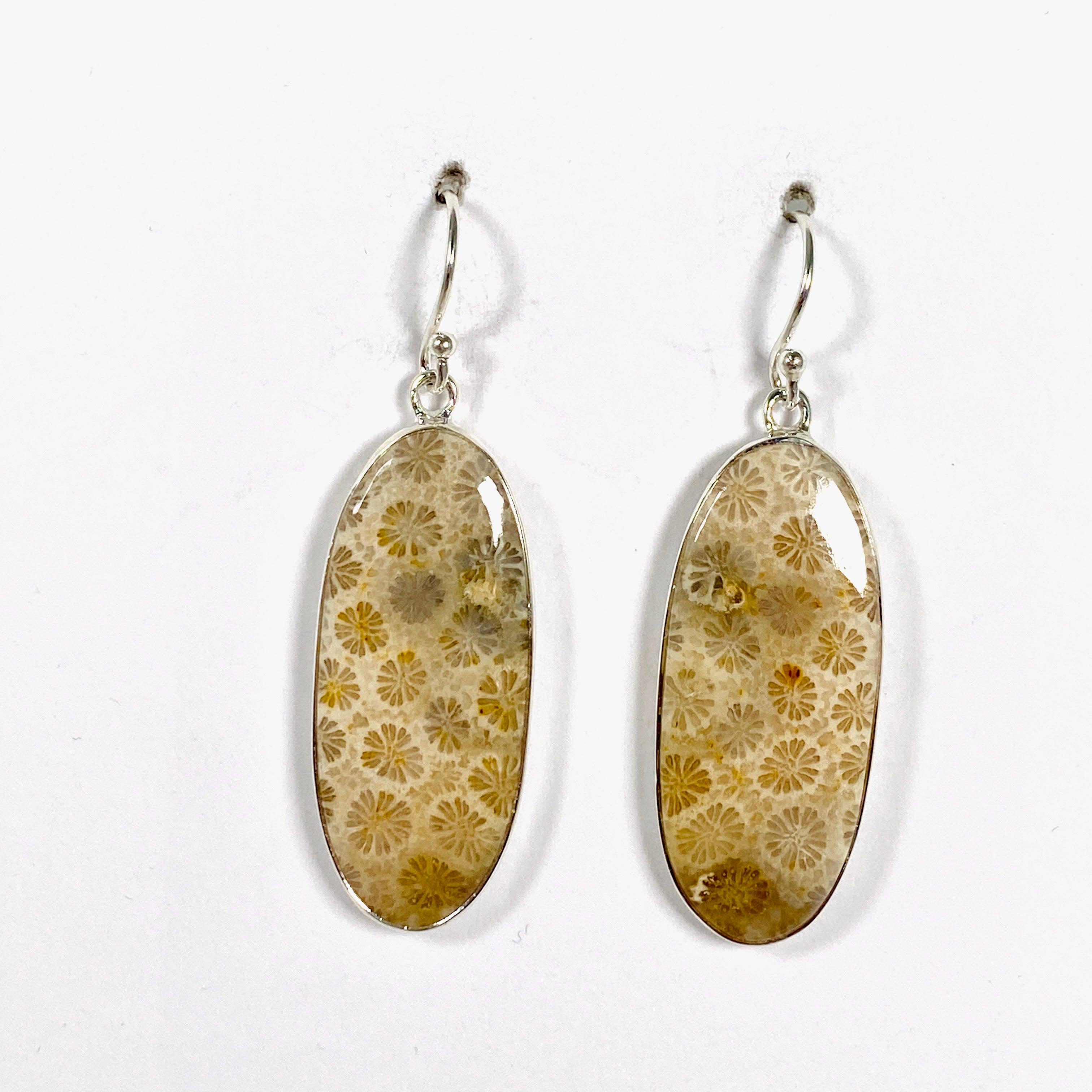 Fossil Coral Oval Earrings for Women - Natural Stone Dangle Jewelry KEGJ1379 - Perfect for Beach Weddings, Boho Outfits & Gift Giving