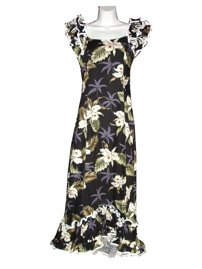 Elegant Long Cotton Hawaiian Muumuu Wedding Dress with Orchid Bouquet - Perfect for Beach Weddings, Tropical Ceremonies & Summer Bridal Parties