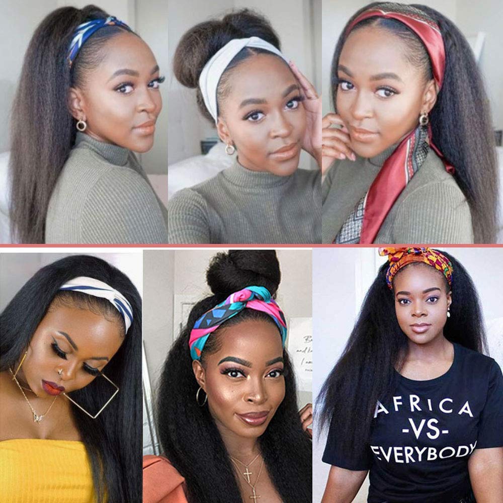 180% Density 12A Kinky Straight Human Hair Headband Wigs for Black Women - Yaki Straight Half Wig with Attached Headband (28 Inch, Natural Black) | Perfect for Daily Wear, Parties & Protective Styling