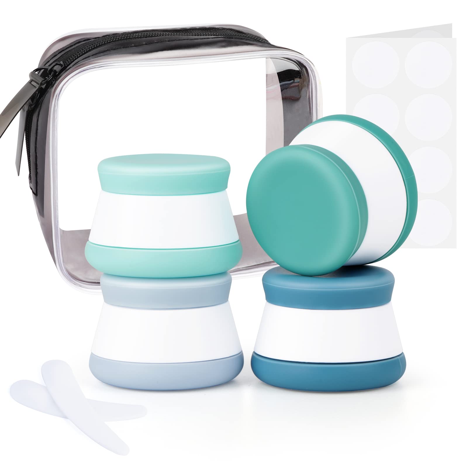 TSA Approved Silicone Travel Containers for Toiletries - 4PCS Leakproof BPA-Free Cream Jars with Lids & Mini Spatulas (Blue) - Perfect for Air Travel, Gym Bag & Vacation Essentials