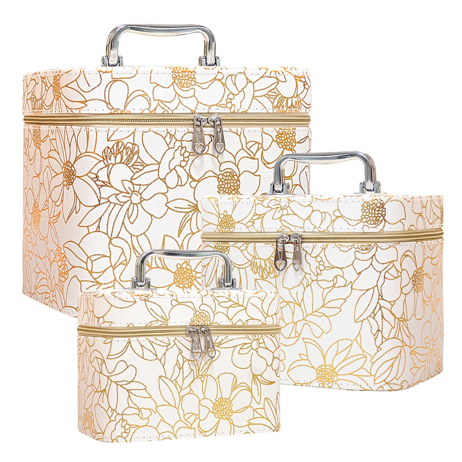 Weiwei 3-Piece Travel Makeup Train Case Set - Large Waterproof Flower Leather Cosmetic Organizer Bag with Mirror for Women | Perfect for Travel, Gym & Daily Use (White)