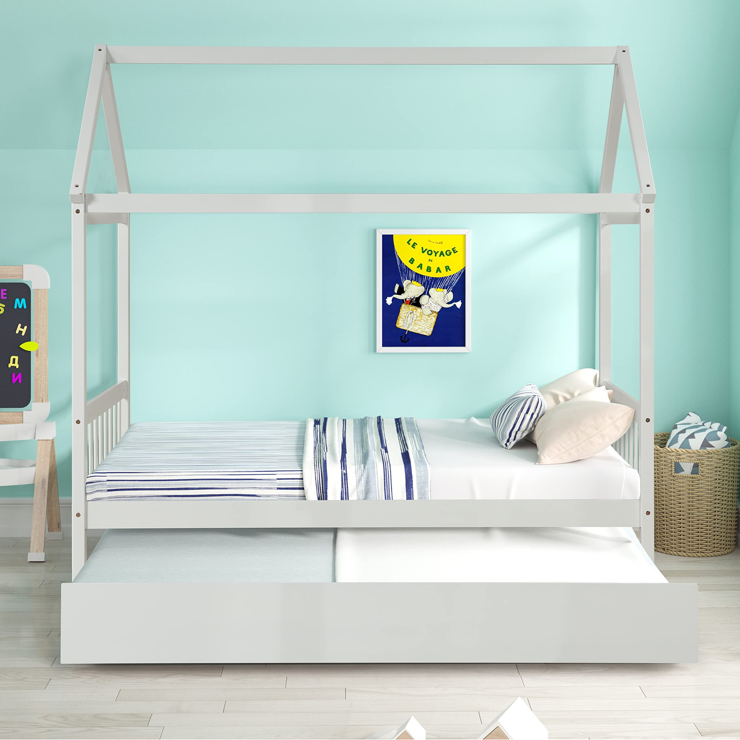 Merax Twin Size Wooden House Bed with Trundle - White Kids Bed Frame with Roof, Headboard & Footboard for Girls and Boys | Perfect for Bedroom Decor & Playtime