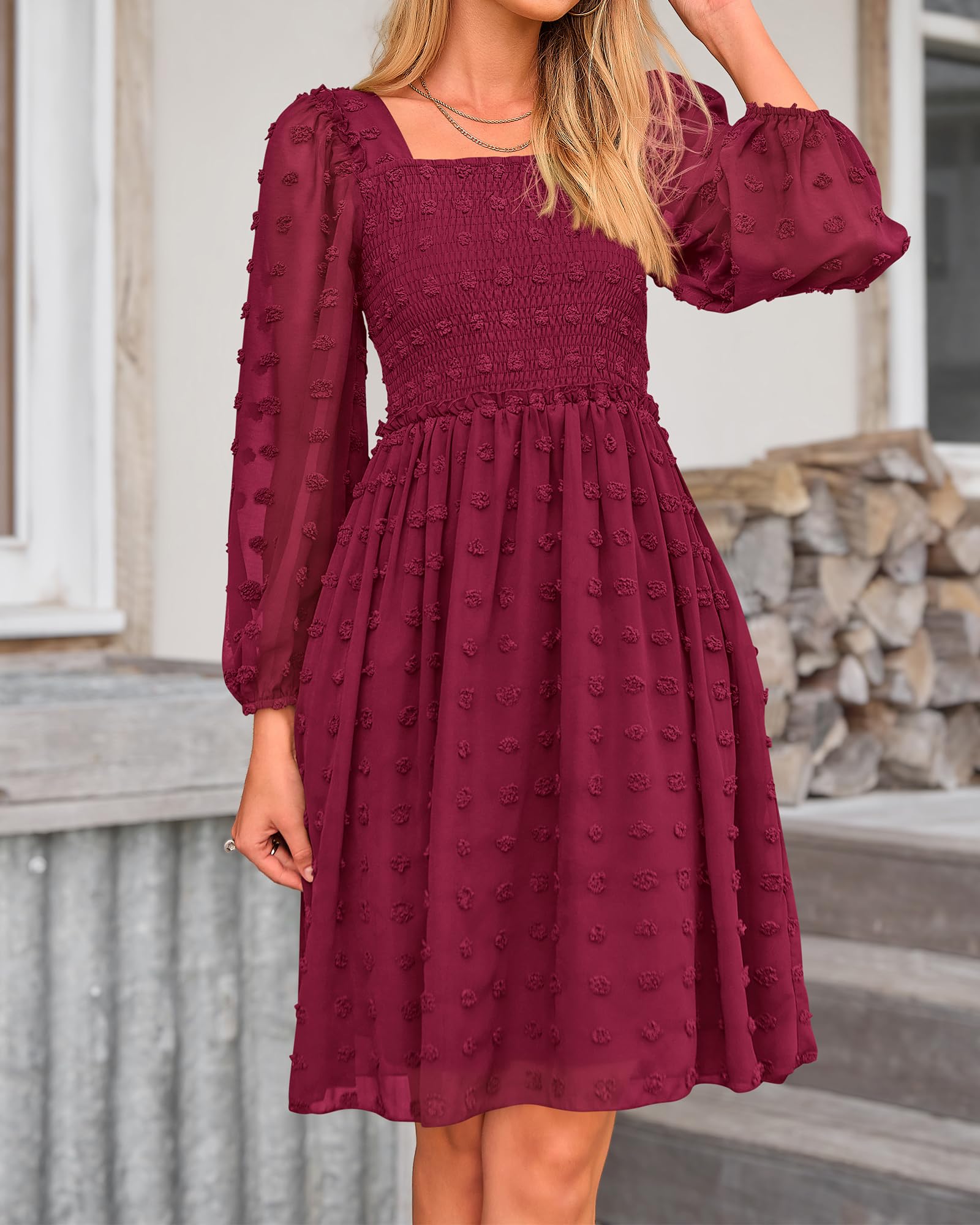 BTFBM Women's Floral Swiss Dot Square Neck Smocked Mini Dress - Long Sleeve Boho Wedding Guest Dress for Spring & Summer 2025 | Perfect for Garden Parties, Bridal Showers & Casual Events