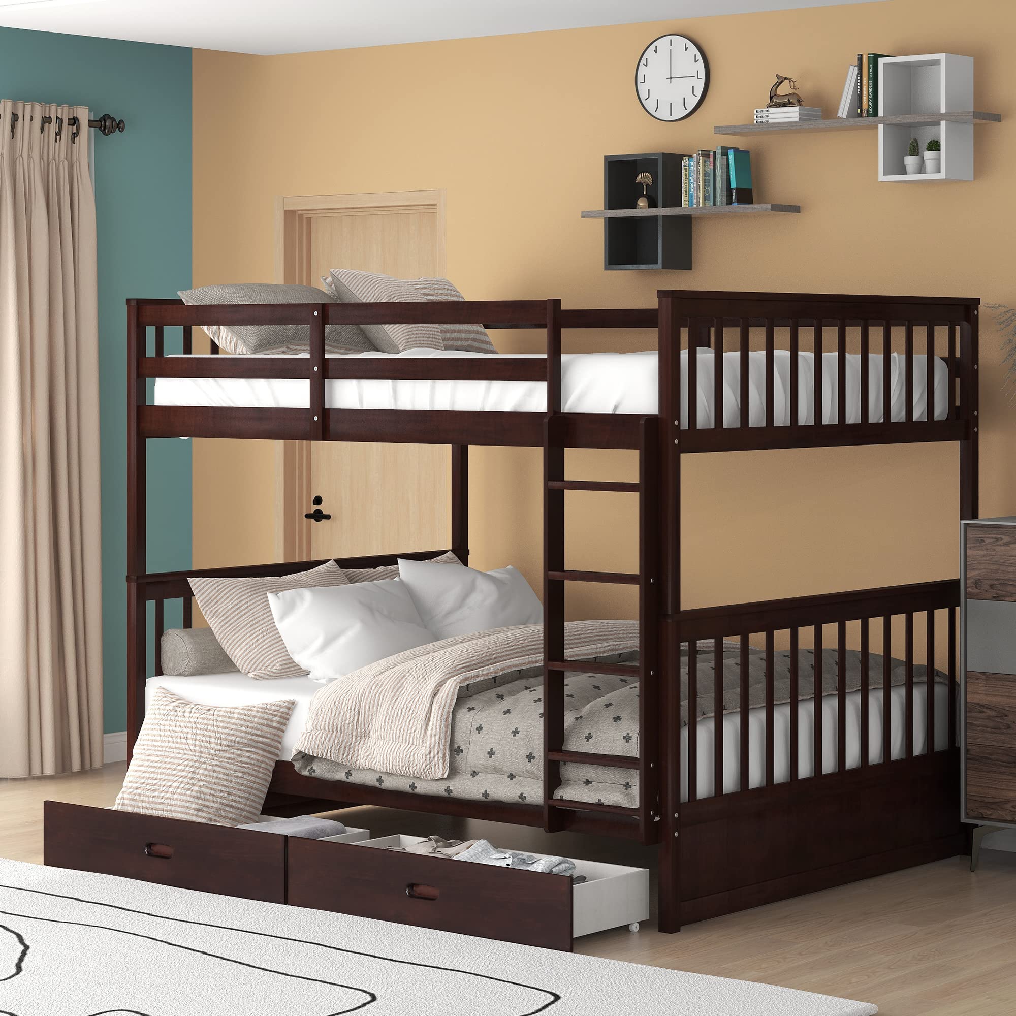 Harper & Bright Designs Full Bunk Beds with Storage Drawers - Solid Wood Detachable Full Over Full Bunk Bed Frame with Ladders & Safety Rail for Kids, Teens, Adults (Espresso) - Perfect for Small Bedrooms, Guest Rooms & Vacation Homes