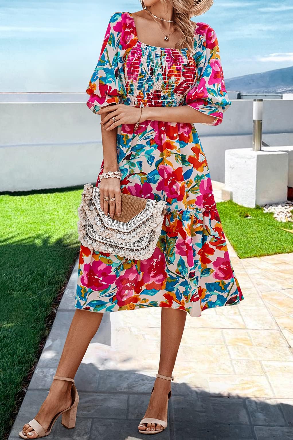 PRETTYGARDEN Women's Summer Casual Dress 2025 - Puff Sleeve Square Neck A-Line Flowy Boho Floral Smocked Midi Dress for Beach, Vacation & Spring Outfits