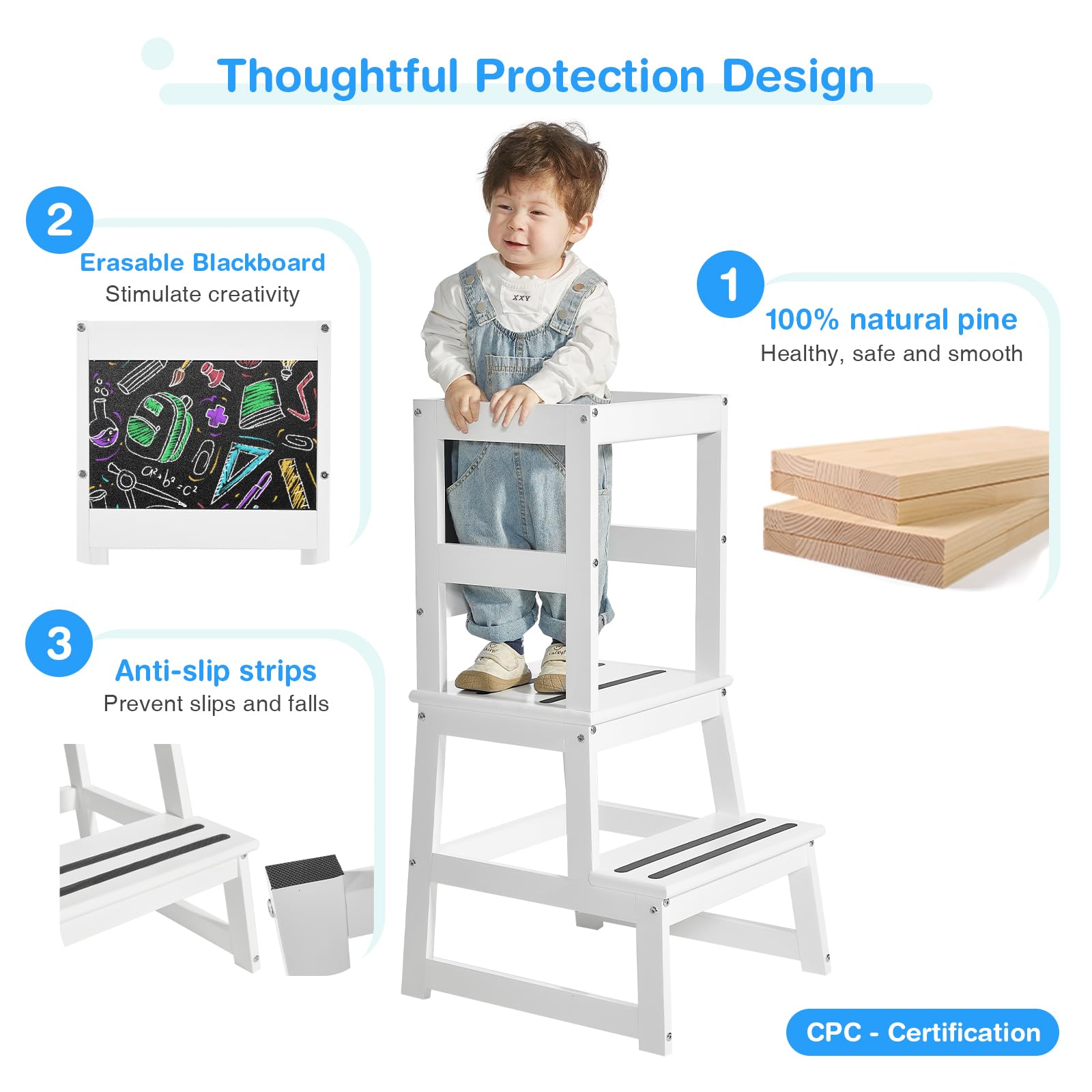 Yojoker Kids Kitchen Step Stool - Adjustable Toddler Standing Tower with Safety Rail | Montessori Learning Stool for Cooking & Baking | Non-Slip Base & Chalkboard (White) | Perfect for Little Chefs & Parent-Child Activities