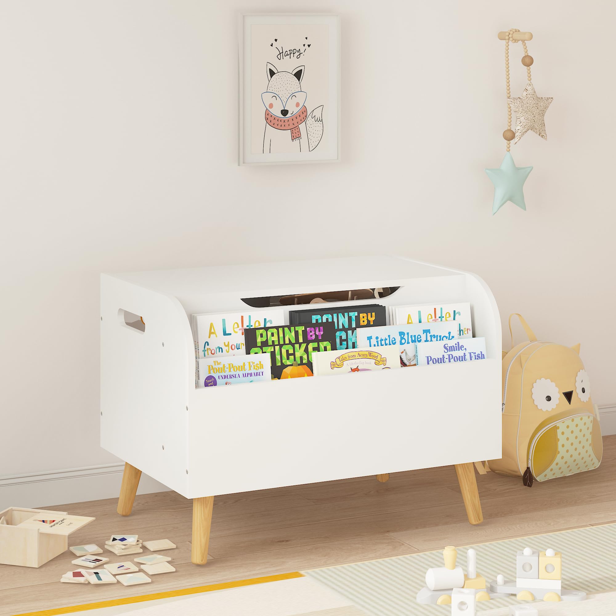 Wooden Toy Chest for Kids - Toy Storage Organizer with Front Bookshelf, Flip-Top Lid & Safety Hinges - Playroom & Kids Room Organization for Boys & Girls - White Toy Box with 4 Legs - Perfect for Bedroom, Nursery, or Play Area Storage