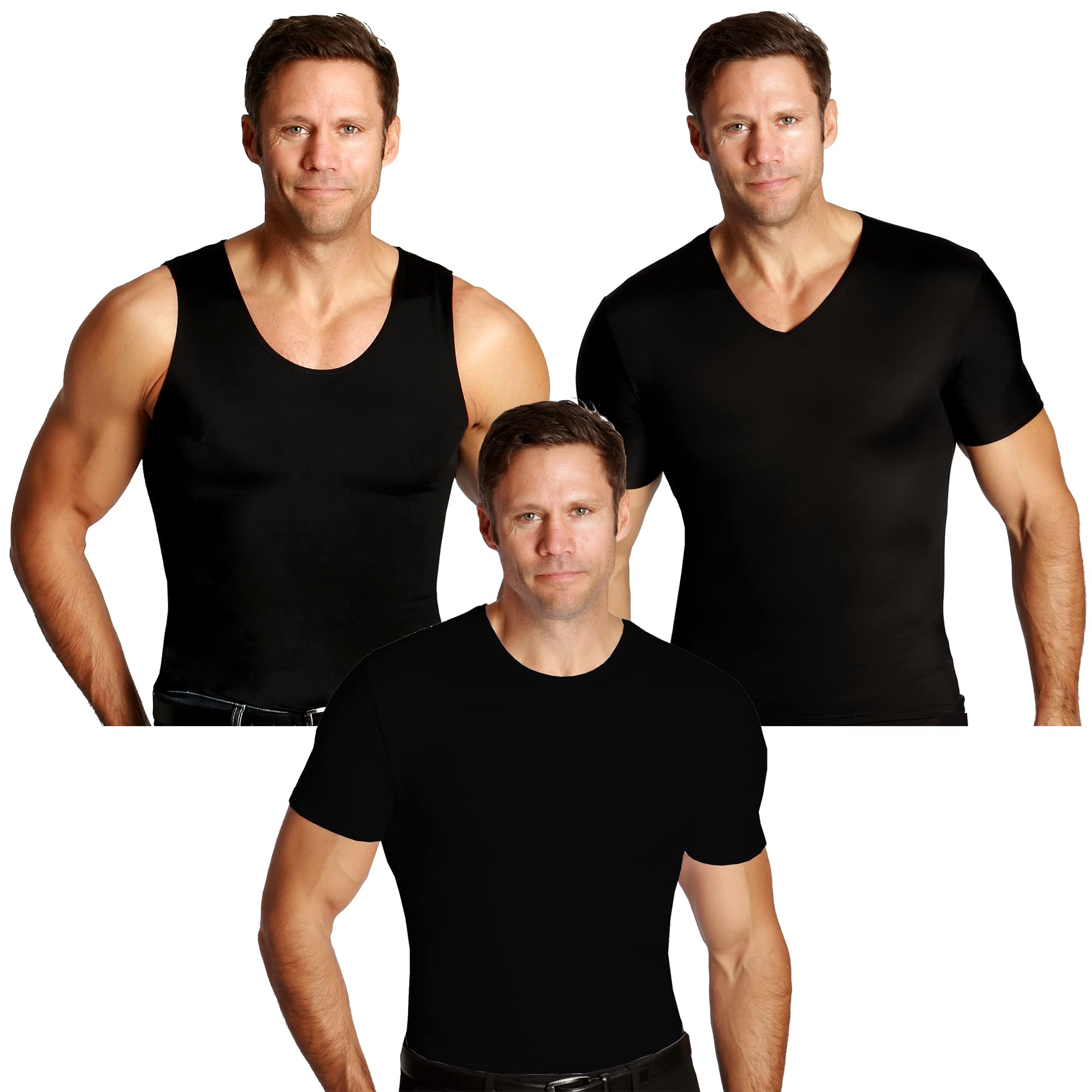 Insta Slim USA Made Men's Compression Shirts Variety Pack (Tank Top, Crew Neck, V Neck) - Workout, Gym, Running & Everyday Wear
