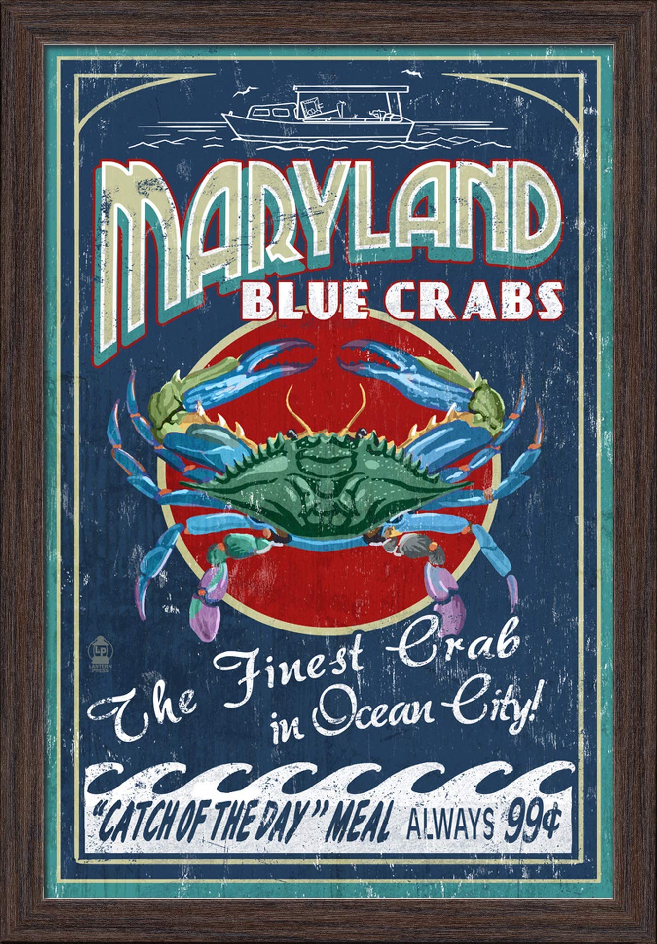Ocean City Maryland Blue Crabs Vintage Sign - 16x24 Giclee Fine Art Print with Recycled Wood Frame in Espresso Brown - Perfect for Coastal Home Decor, Beach House Wall Art & Maryland Souvenir Gift