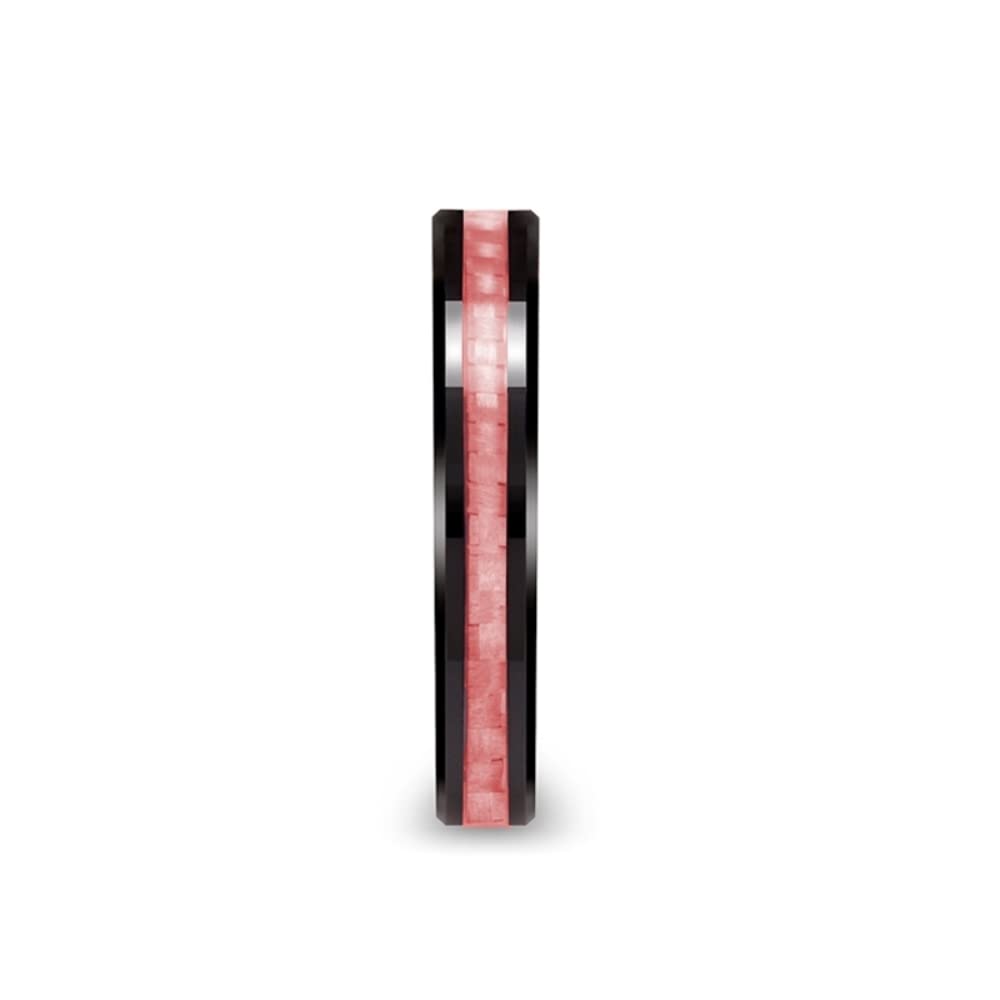 Roy Rose Jewelry Men's Black Ceramic Pink Carbon Fiber Inlay Wedding Band - Comfort Fit Beveled Edge - 4mm & 6mm Width Options - Style ROSA - Perfect for Engagement, Anniversary & Special Occasions