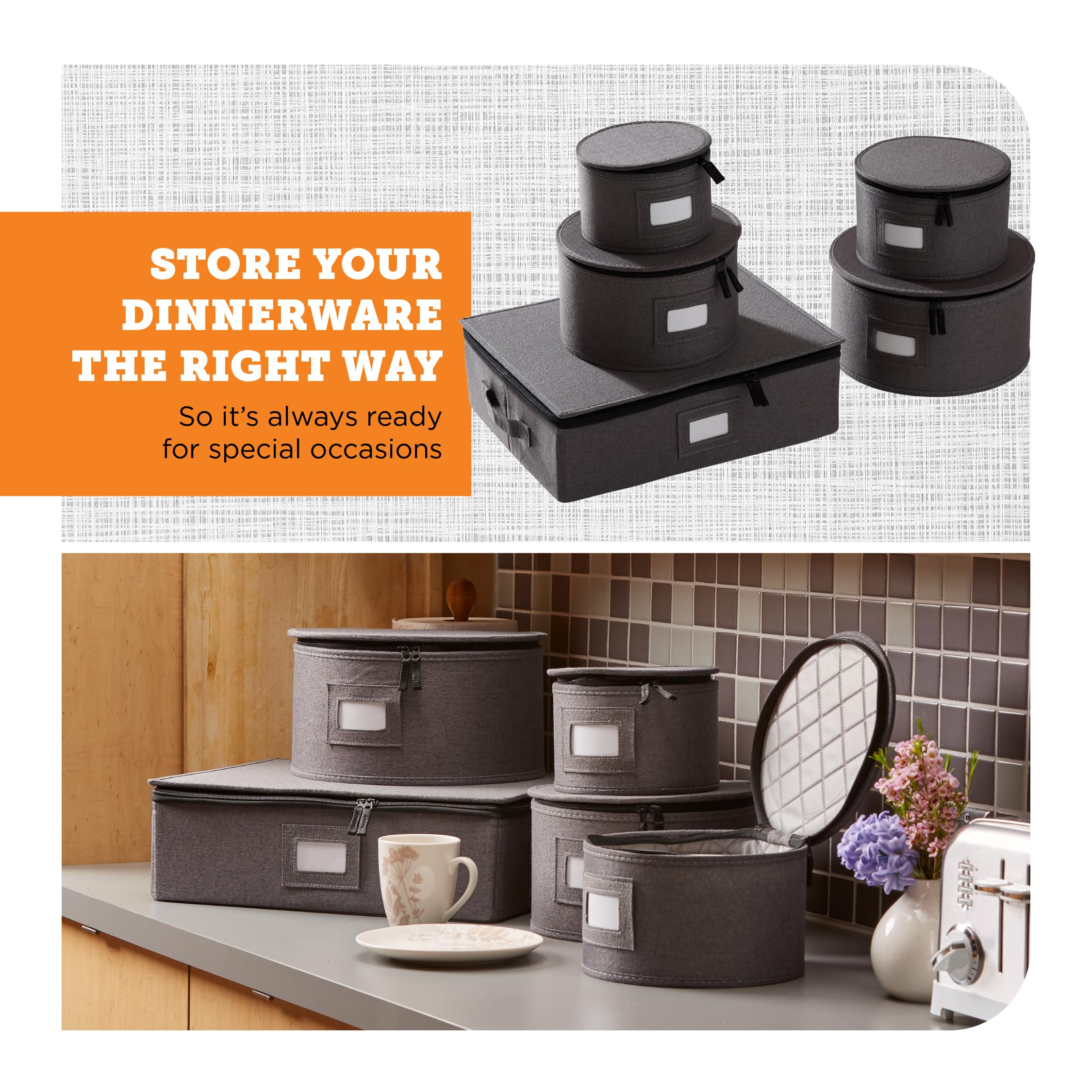 Hard Shell Storage Case with Felt Dividers - 5pc Set for Kitchen & China Organization