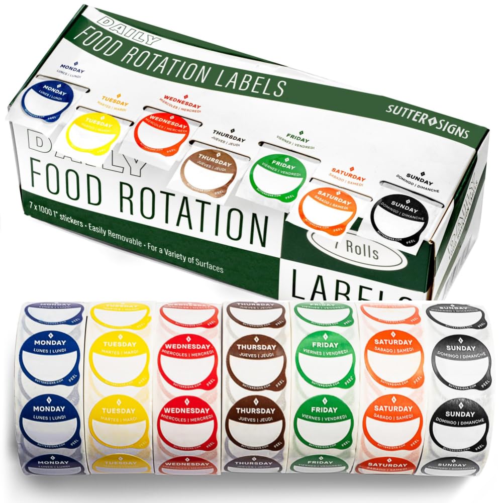 Day Dots Food Labels - 1 Inch Date Dot Stickers for Food Containers | 7000 Labels with Dispenser Box | Perfect for Restaurant, Bakery & Meal Prep Organization