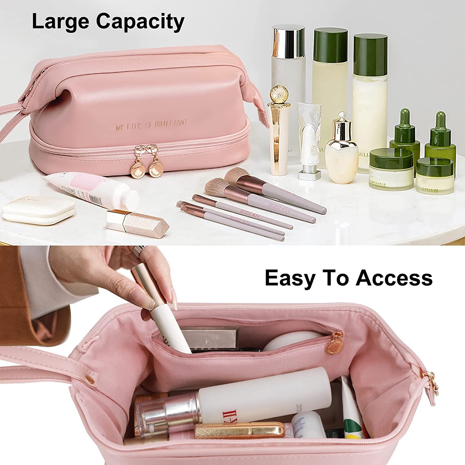 Luteti Double Layer Leather Cosmetic Bag - Waterproof Travel Makeup Organizer for Women & Girls | High-End Toiletry Bag for Home, Office & Vacation
