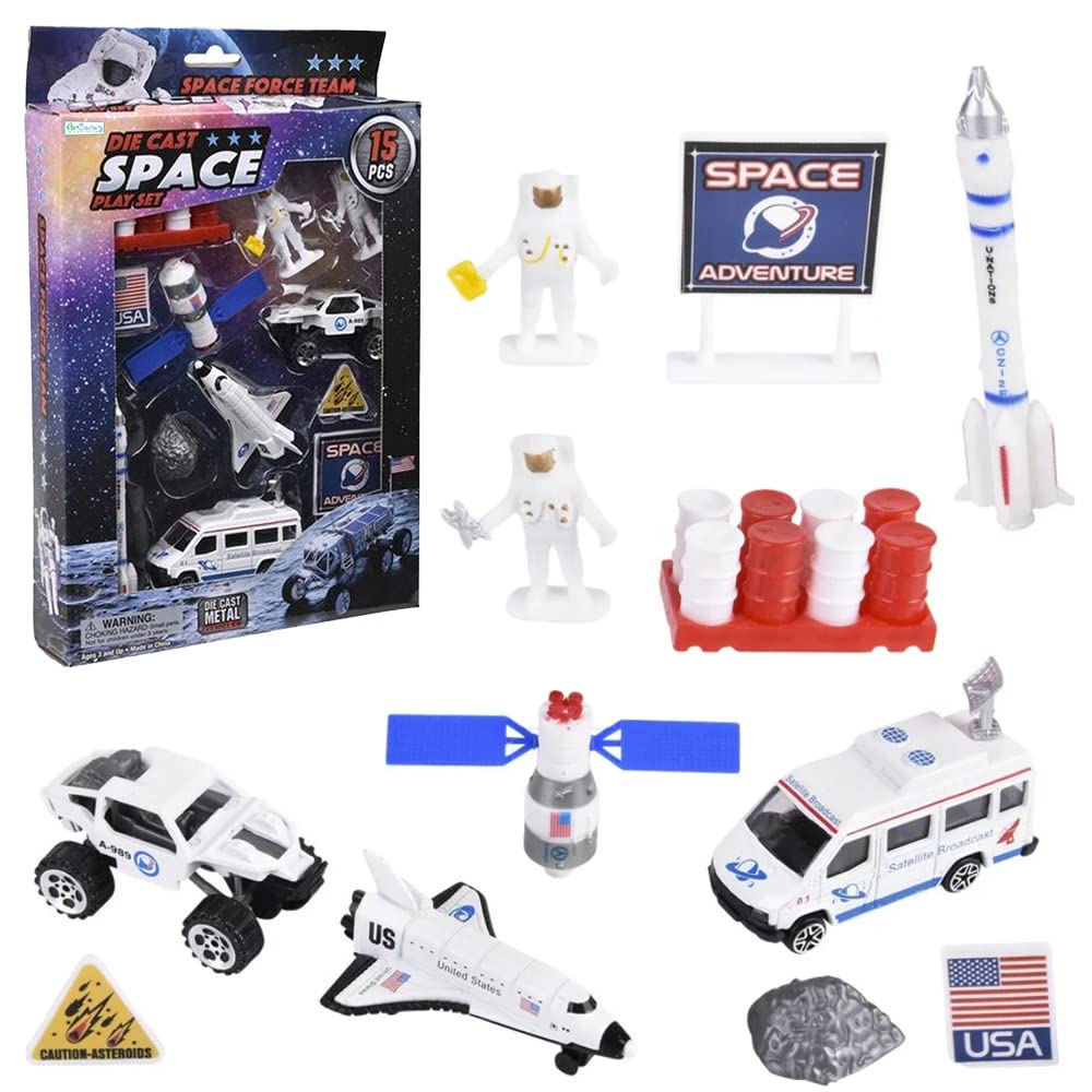 ArtCreativity 15-Piece Die-Cast Space Play Set - Kids Space Toys with Rocket, Shuttle, Astronaut Figures & Rovers - STEM Educational Toys for Boys & Girls - Perfect for Space-Themed Birthday Gifts & Classroom Learning Activities