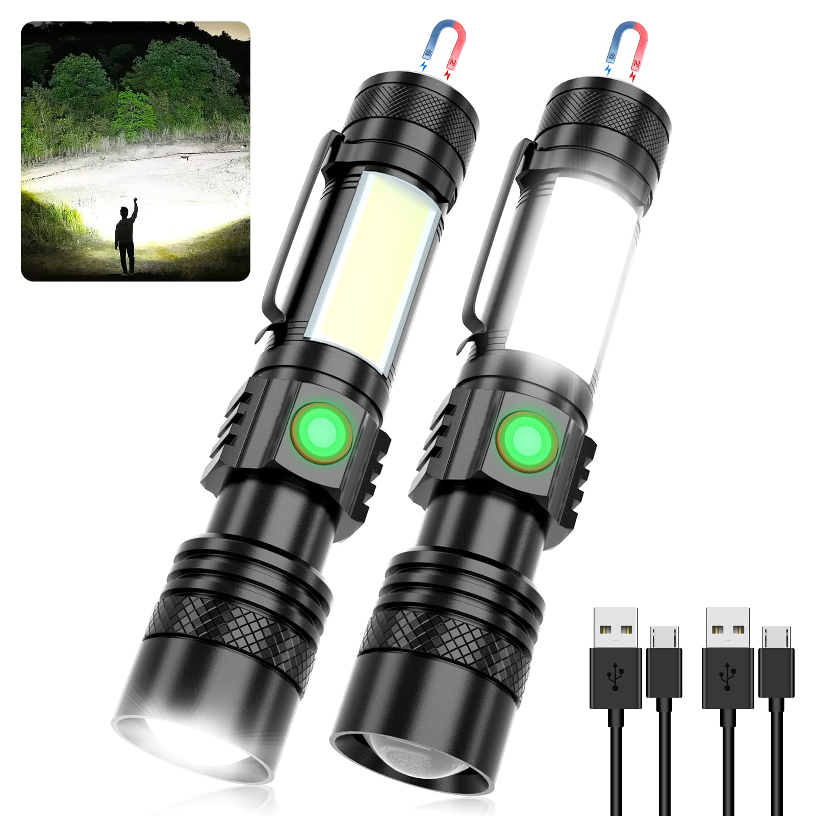 USB Rechargeable LED Flashlight - Super Bright Magnetic Tactical Light with COB Sidelight, Waterproof & Zoomable, 6 Modes for Camping, Hiking, Emergency & Power Outages (Perfect for Outdoor Adventures & Home Safety)
