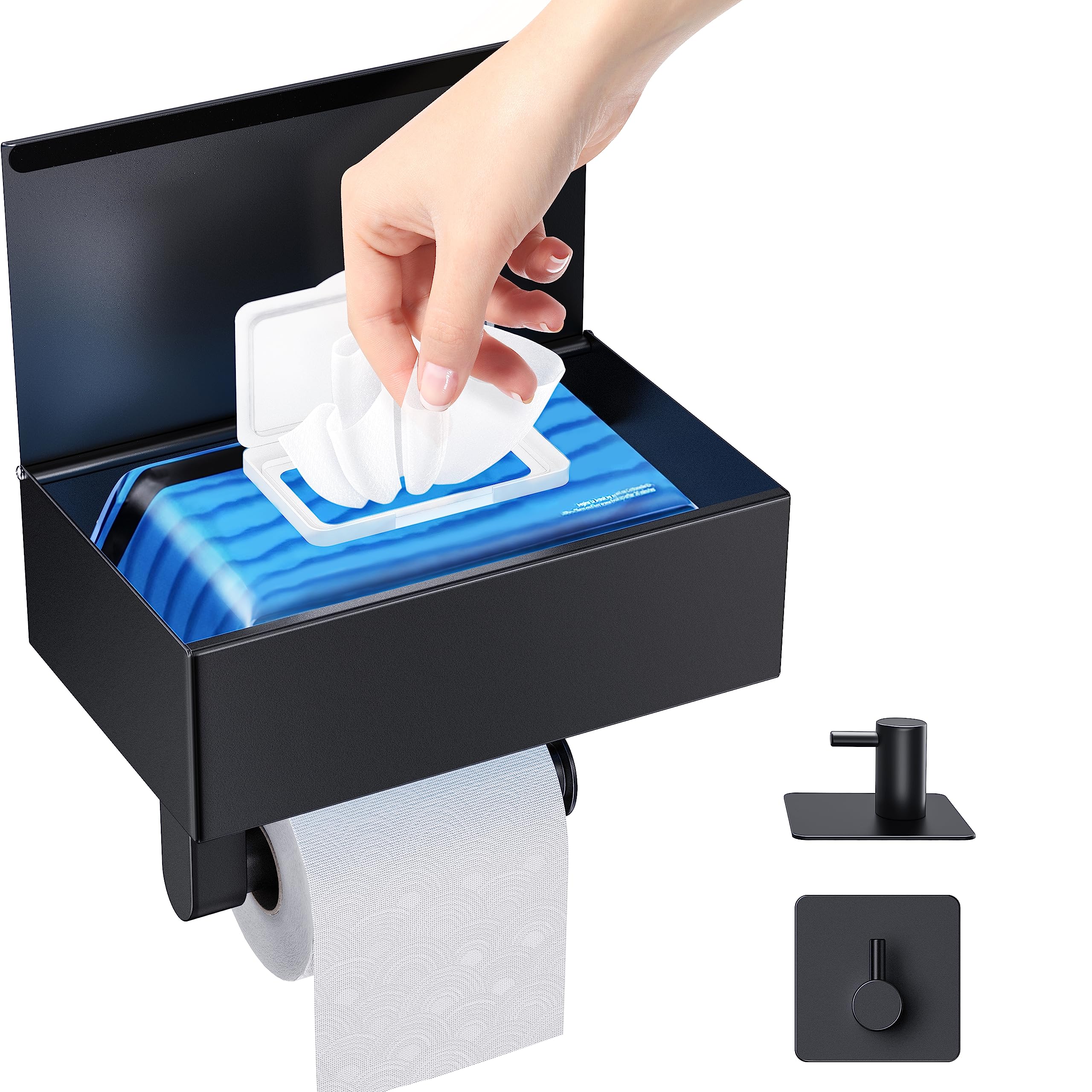 Stainless Steel Toilet Paper Holder with Shelf & Wipes Dispenser - Wall Mount Bathroom Organizer for Toilet Paper & Flushable Wipes Storage | Matte Black Finish | Perfect for Small Bathrooms & Powder Rooms