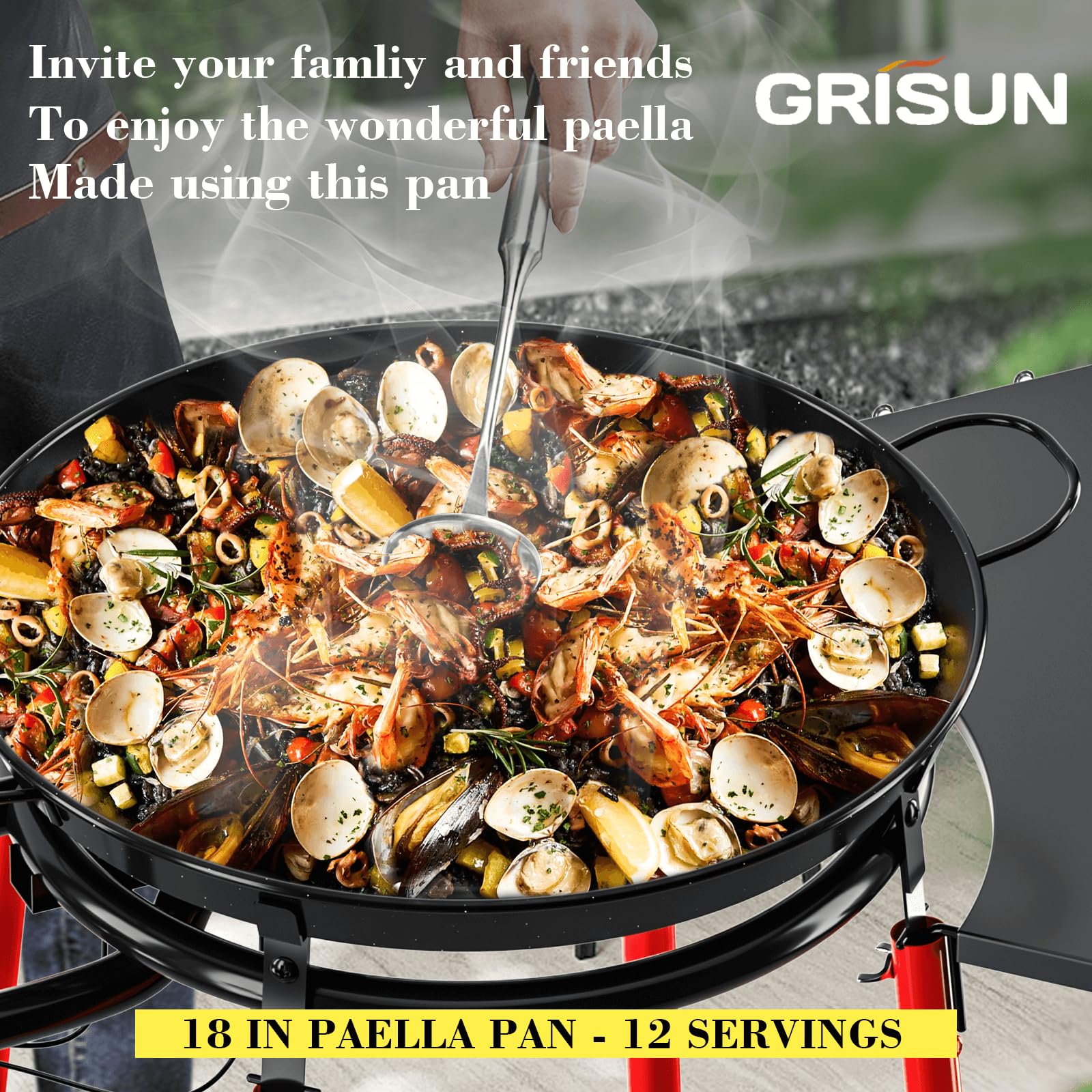GRISUN 18 Inch Enameled Paella Pan Set with Burner, Stand & Accessories - Includes Built-In Ignitor, Regulator Hose, Carry Bag & Durable Legs - Perfect for Outdoor Cooking, Parties & Spanish Cuisine (12 Servings)