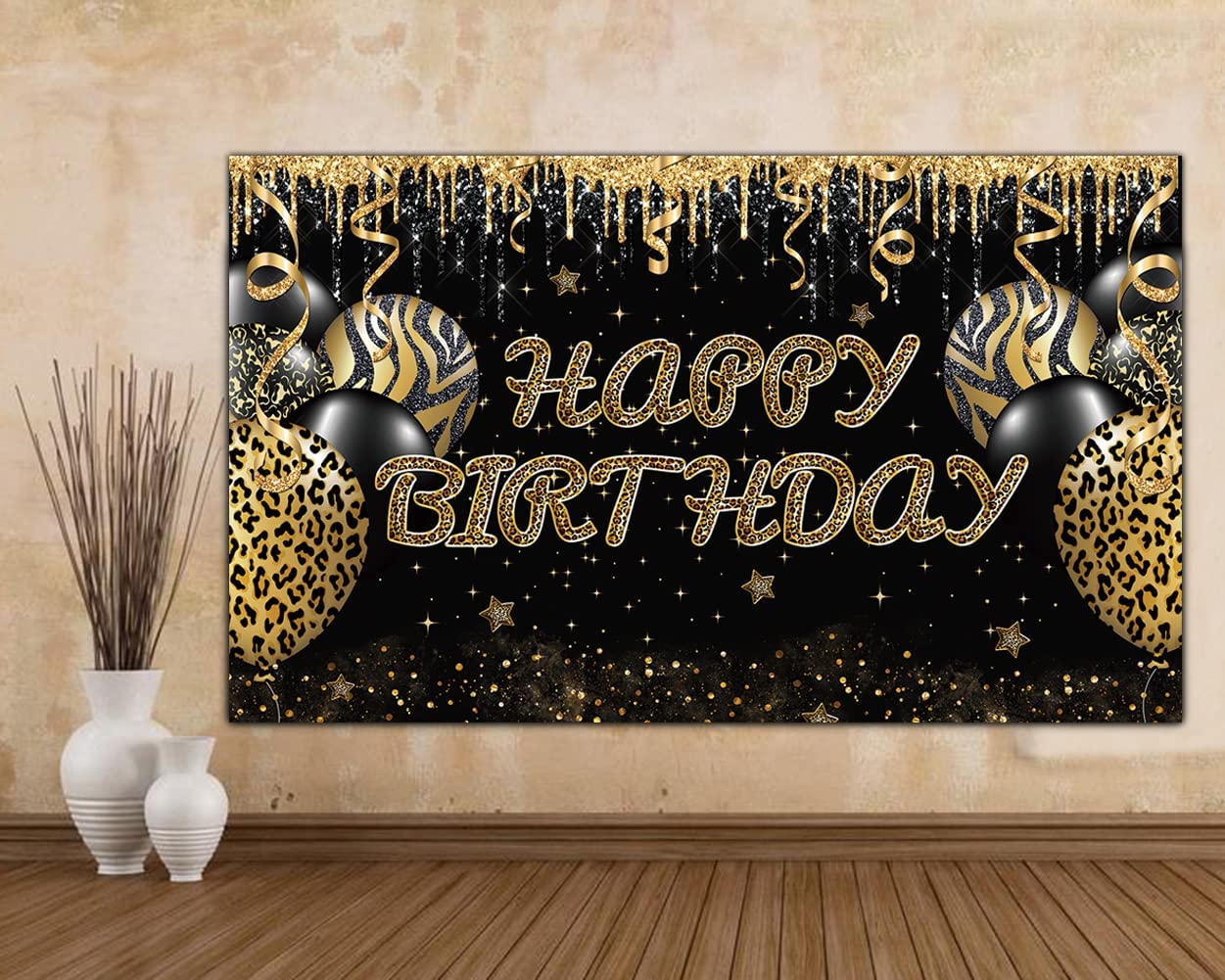 Gold Leopard Happy Birthday Backdrop - 6x3.6ft Large Cheetah Print Party Banner for Adults & Women - Photography Background for Birthday Decorations | Perfect for Jungle Theme Parties, Milestone Celebrations & Photo Booths